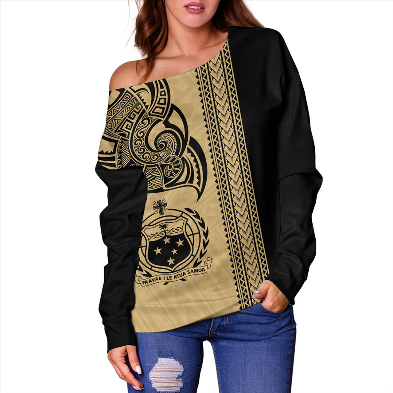 Samoa Off Shoulder Sweatshirt Polynesia Tribal Tattoo Gold