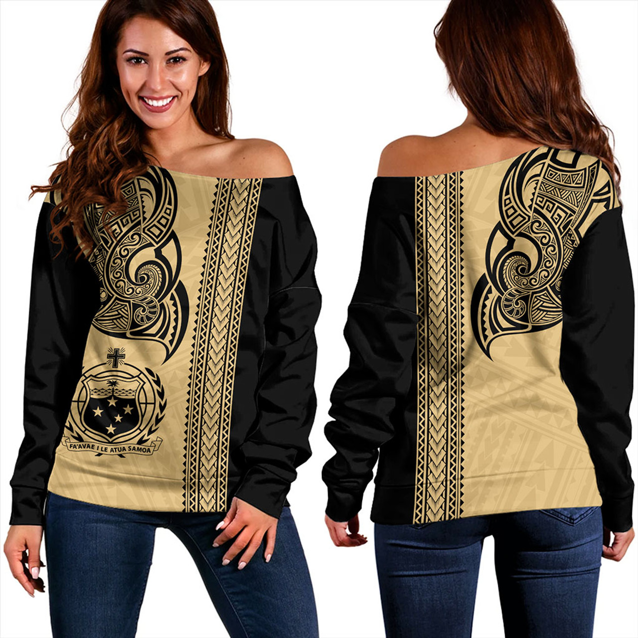 Samoa Off Shoulder Sweatshirt Polynesia Tribal Tattoo Gold