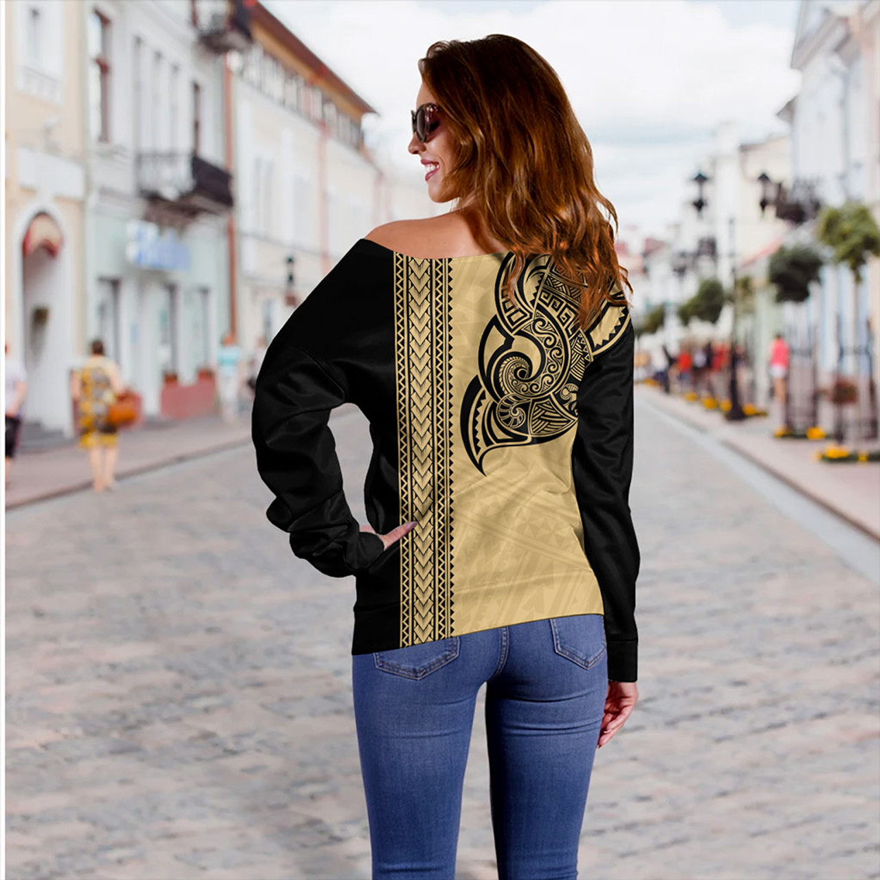 Fiji Off Shoulder Sweatshirt Polynesia Tribal Tattoo Gold