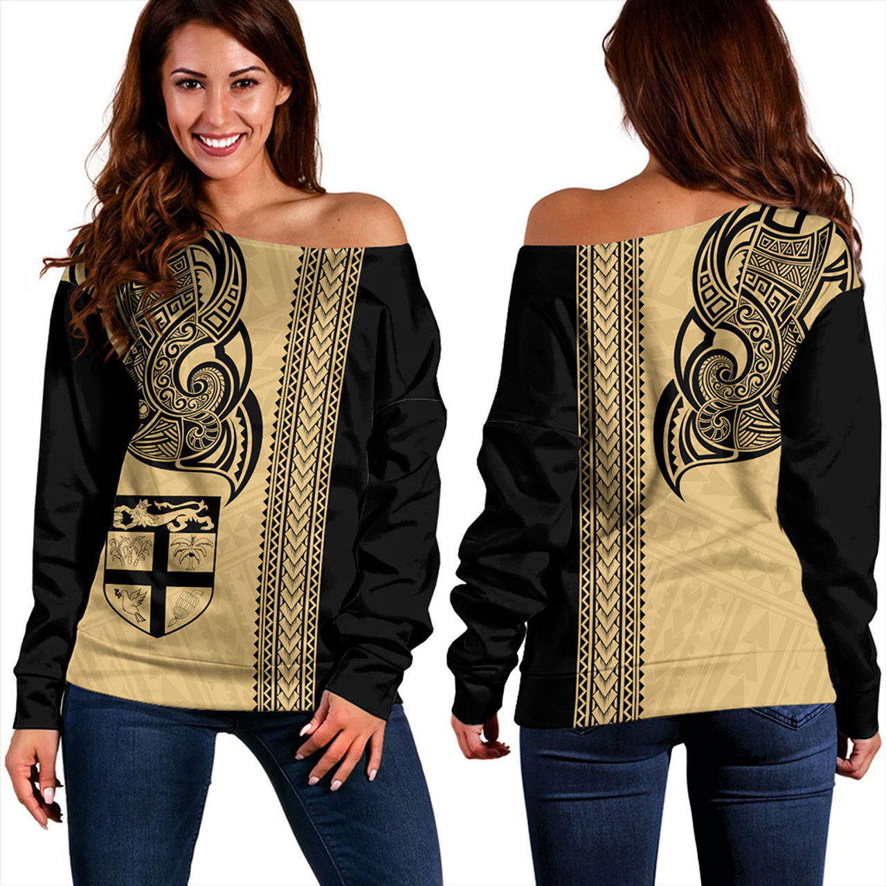 Fiji Off Shoulder Sweatshirt Polynesia Tribal Tattoo Gold