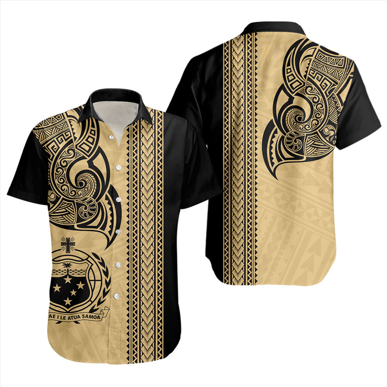 Samoa Short Sleeve Shirt Polynesia Tribal Tattoo Gold