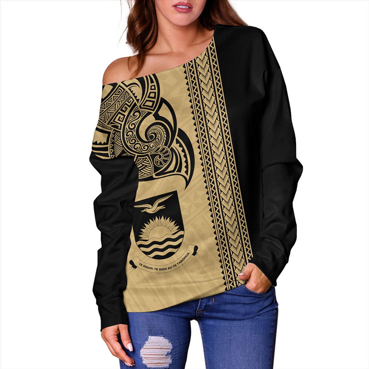 Kiribati Off Shoulder Sweatshirt Polynesia Coat Of Arms Tribal Tattoo