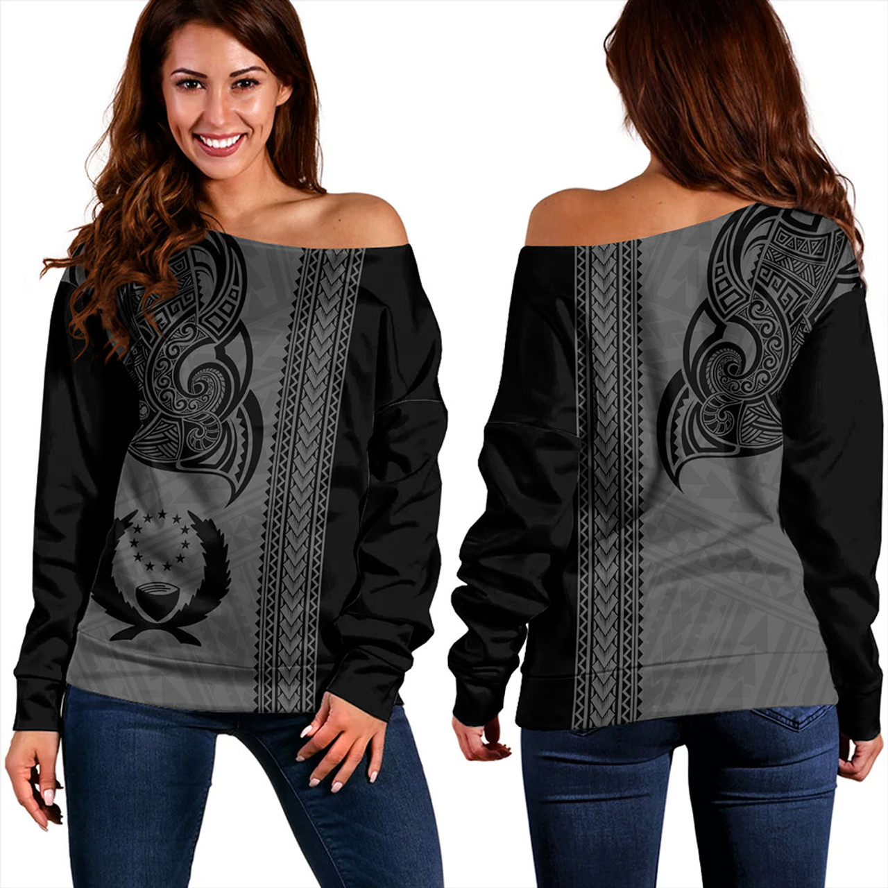 Pohnpei State Off Shoulder Sweatshirt Polynesia Coat Of Arms Tribal Tattoo