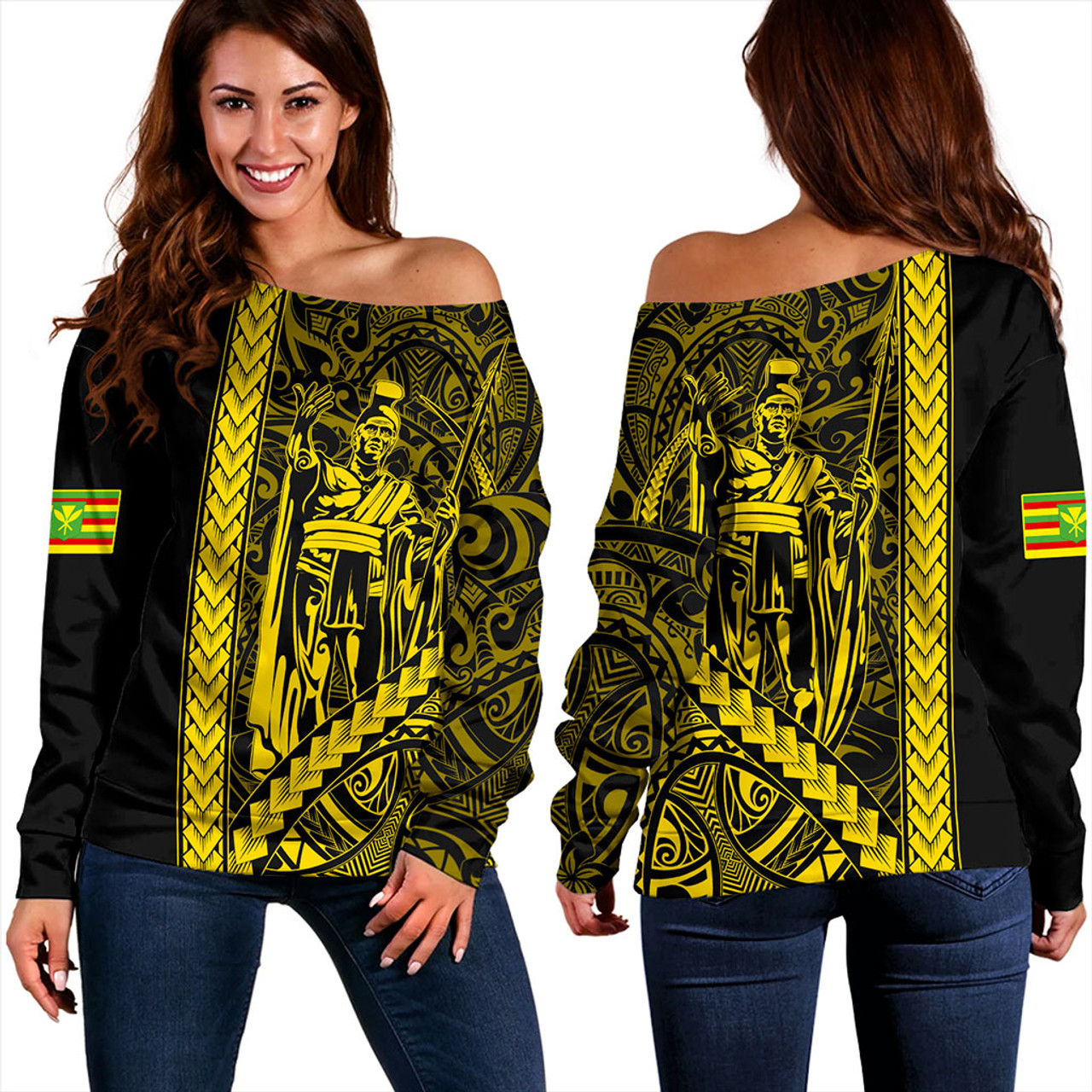 Hawaii Off Shoulder Sweatshirt Tribal Polynesian Kanaka Maoli King Kamehameha