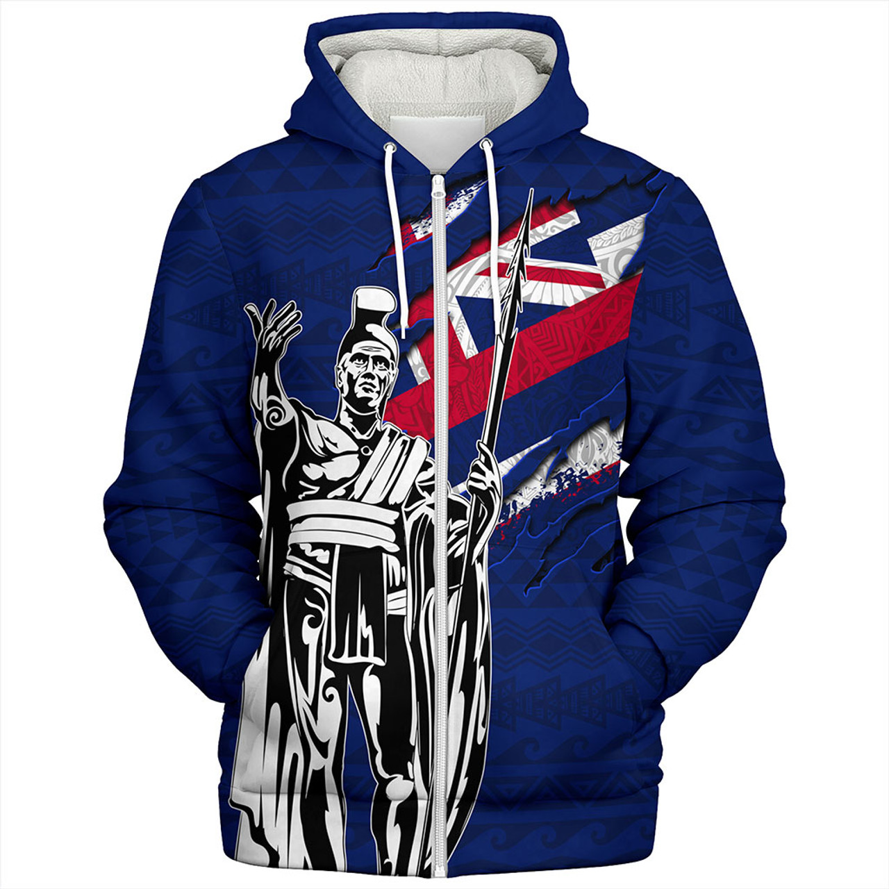 Hawaii Sherpa Hoodie Tribal Flag King Kamehameha Crack Style