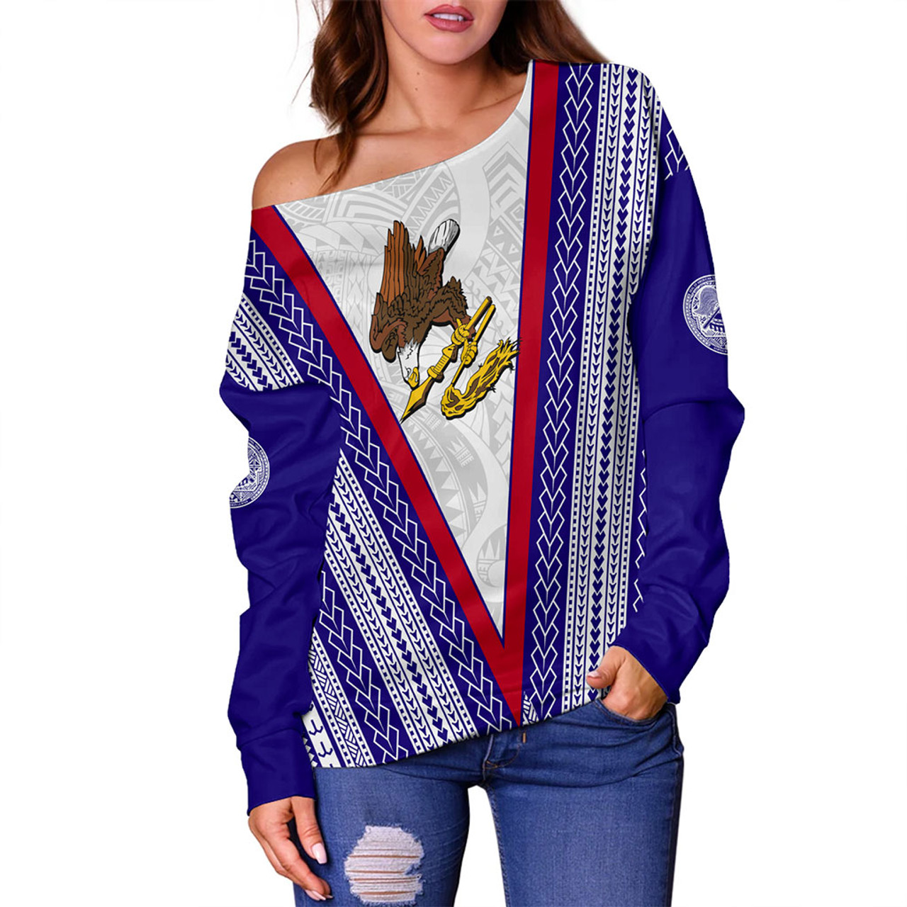 American Samoa Off Shoulder Sweatshirt Polynesian Tribal Flag