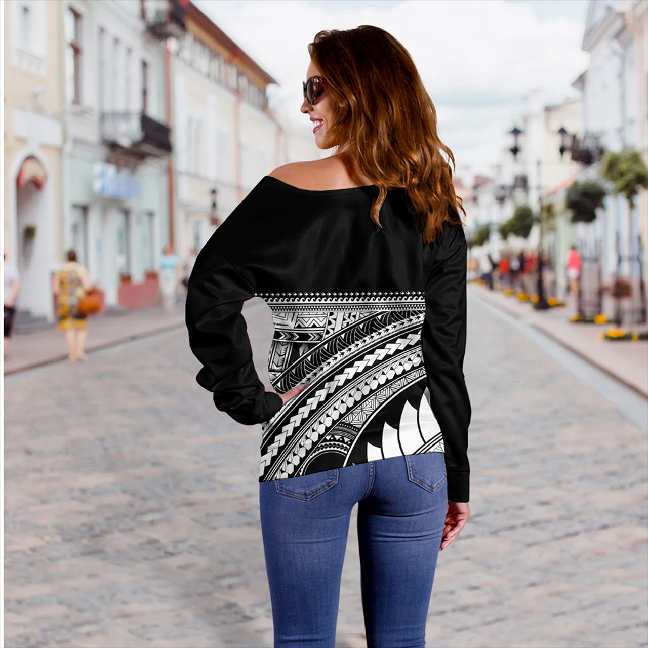 Guam Off Shoulder Sweatshirt Micronesian Map Tribal Style