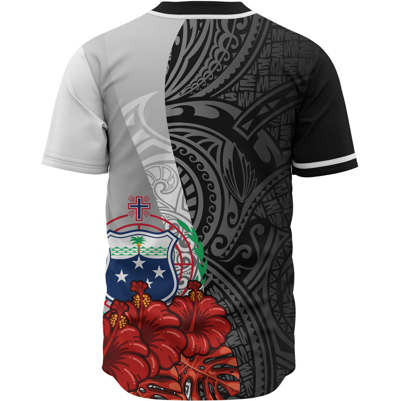 Samoa Polynesian Baseball Shirt - Coat Of Arm With Hibiscus White