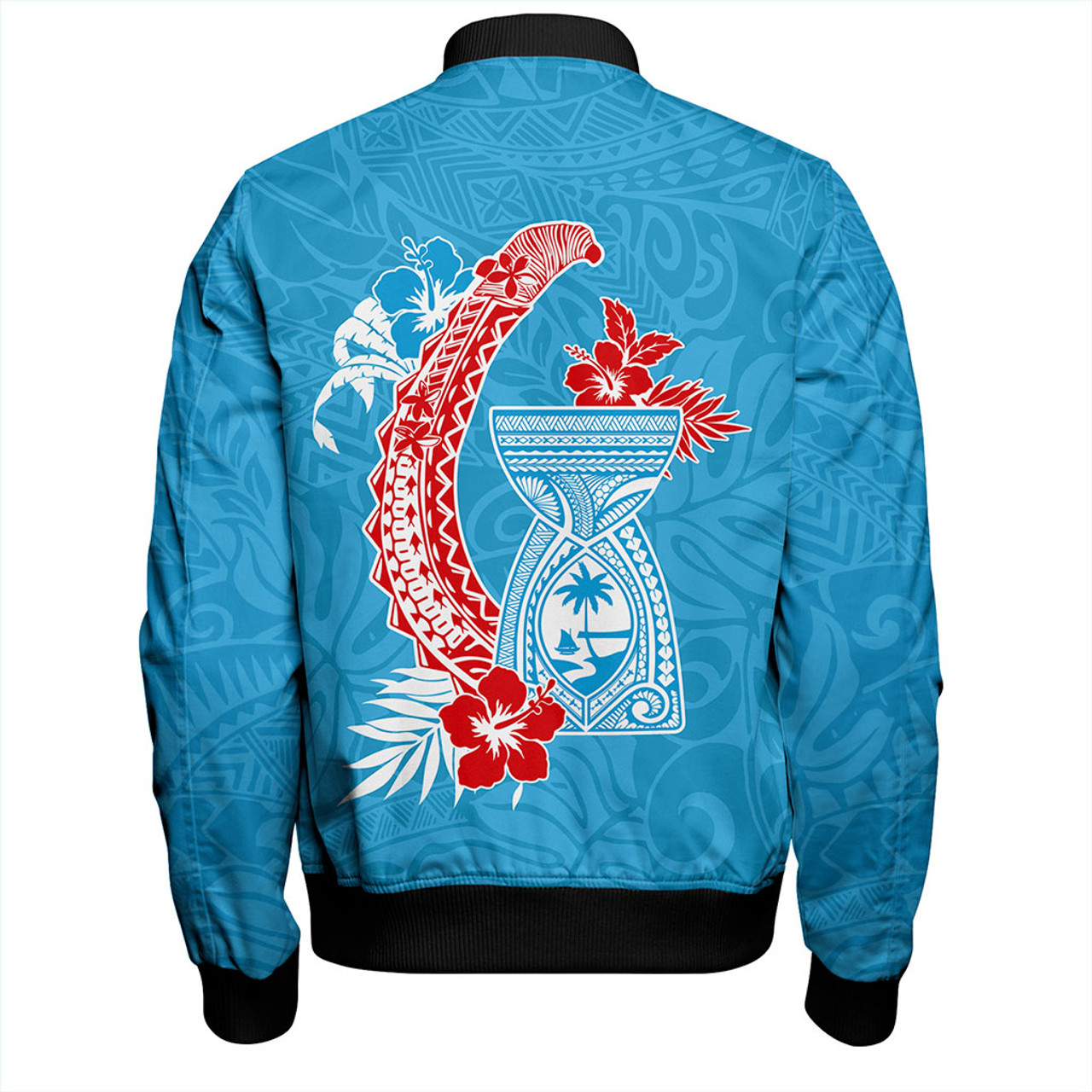 Guam Bomber Jacket Hook With Latte Stone Hibiscus Tropical Blue