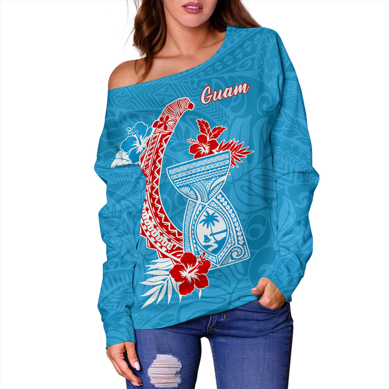 Guam Off Shoulder Sweatshirt Hook With Latte Stone Hibiscus Tropical Blue