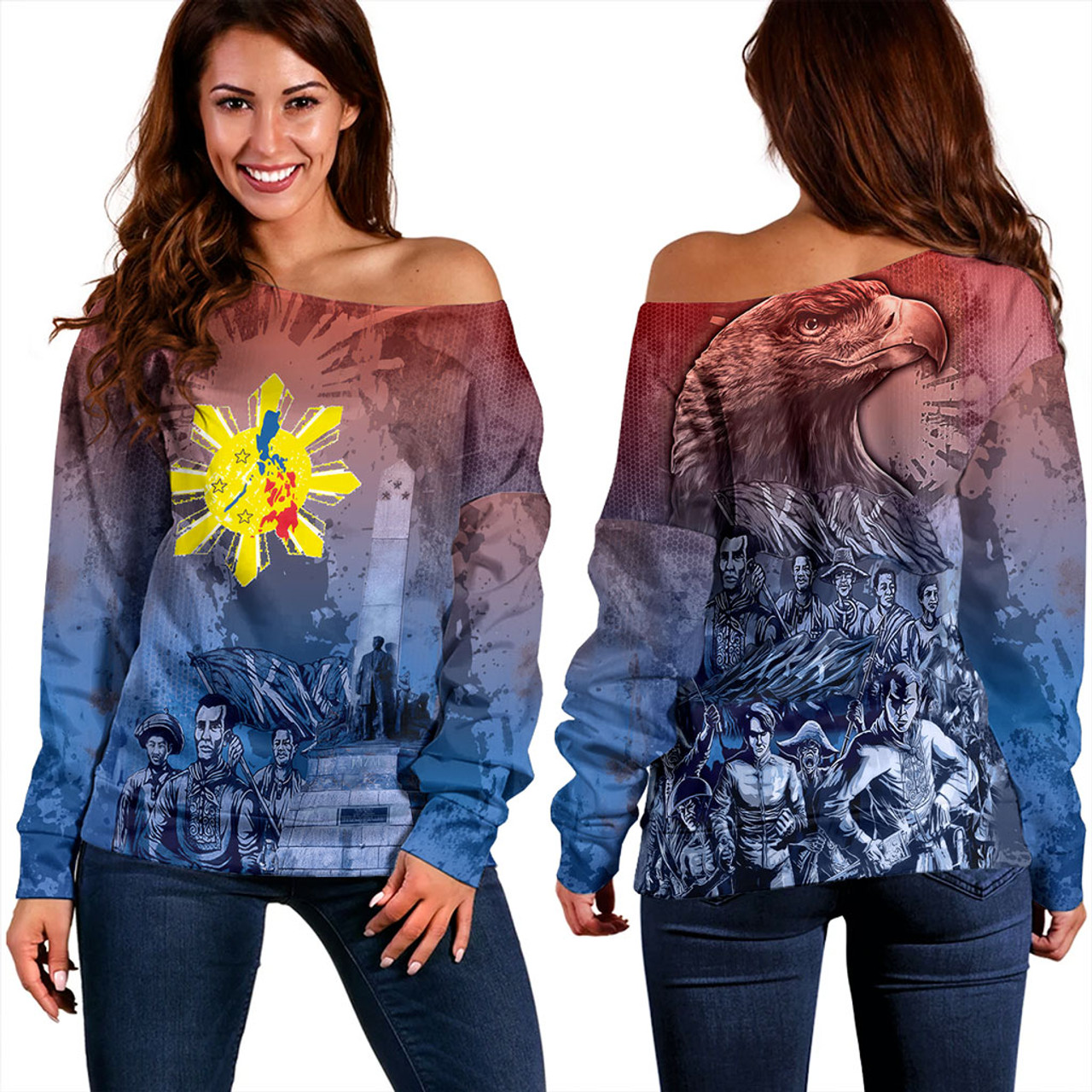 Philippines Filipinos Off Shoulder Sweatshirt National Heroes Sun Star With Eagle