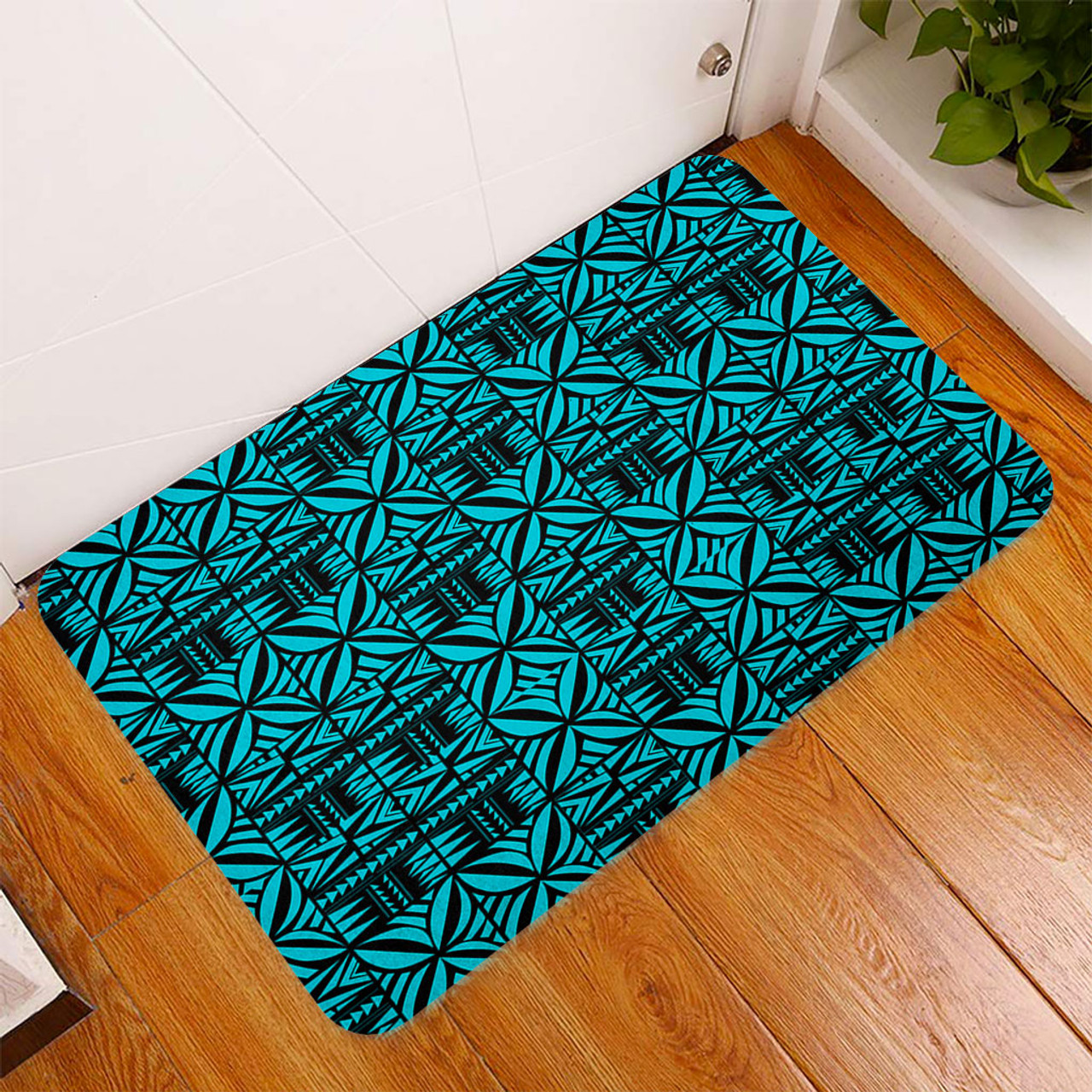 Samoa Door Mat Design Stretch Print Fabric Turquoise