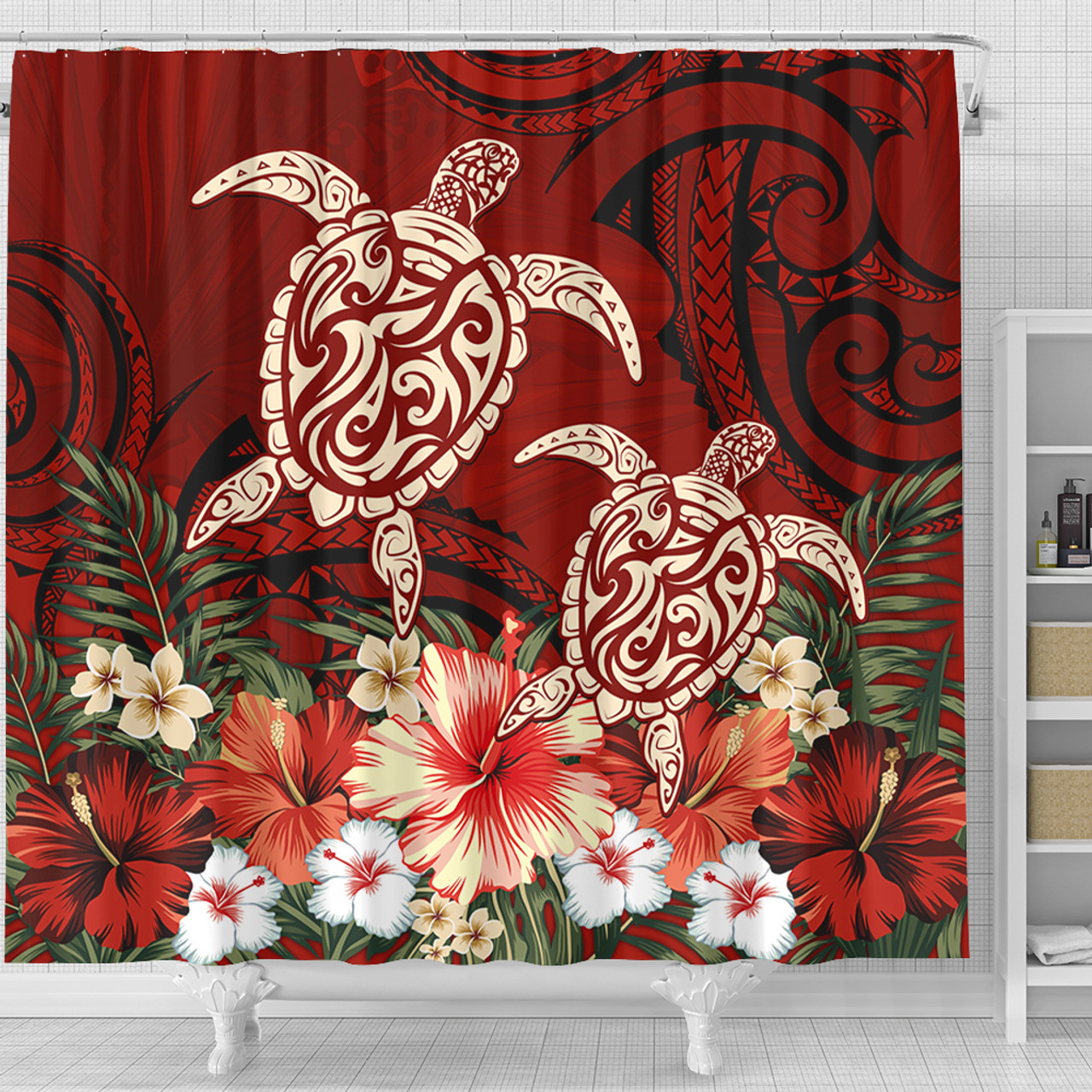 Hawaii Shower Curtain Polynesia Turtle Drawing Tropical Flower