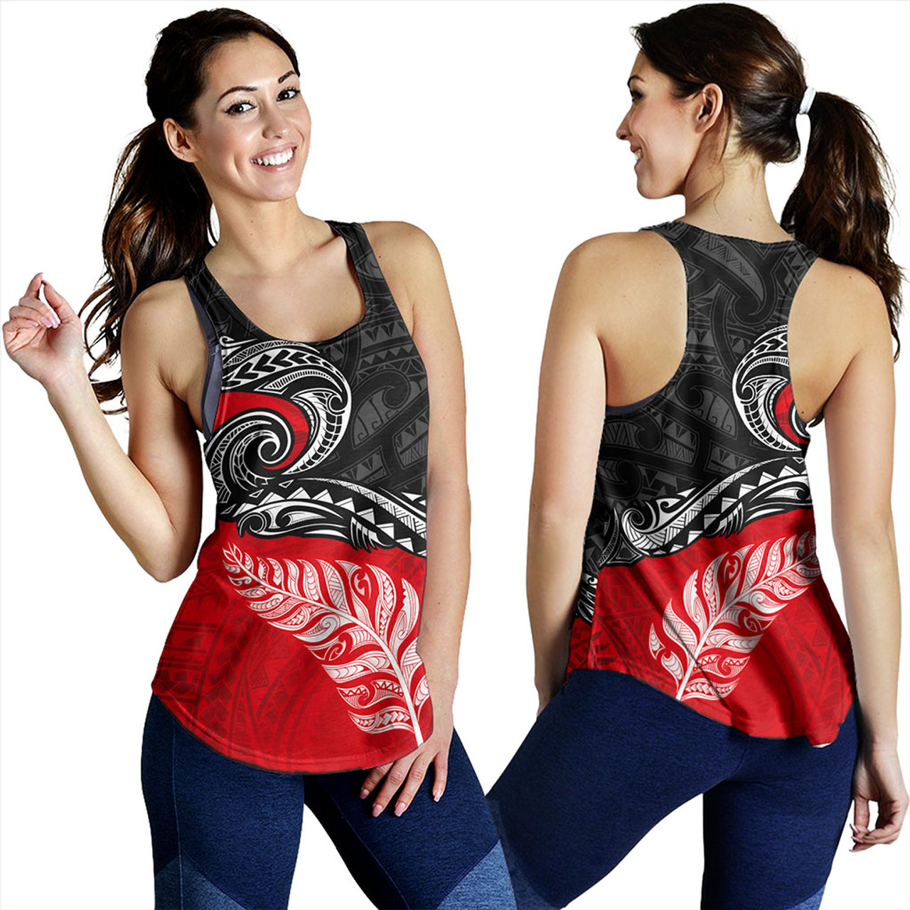 New Zealand Women Tank Maori Tribal Design Flag With Silver Fern