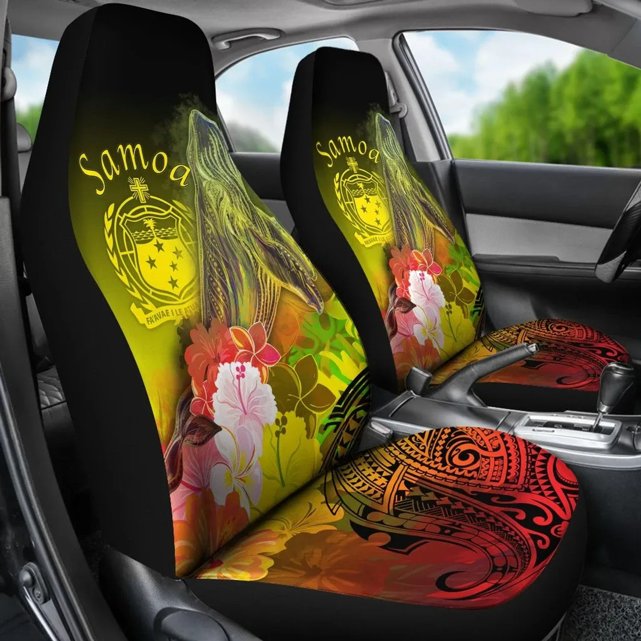 Samoa Car Seat Covers- Humpback Whale with Tropical Flowers (Yellow)