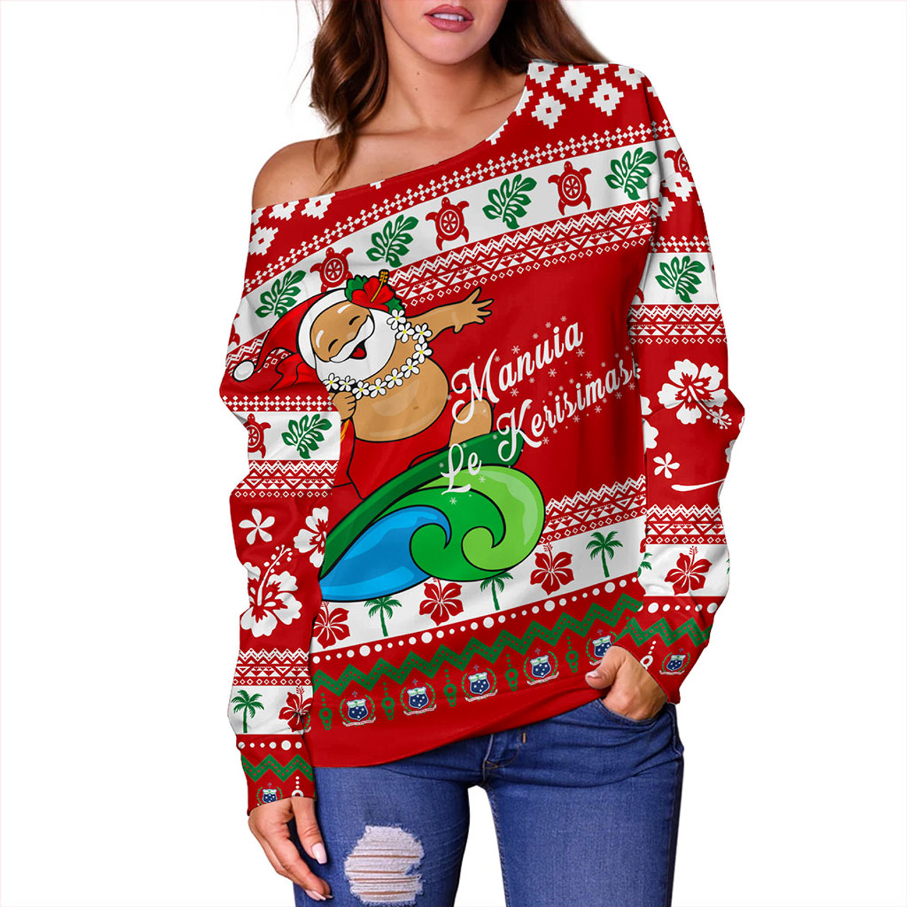 Samoa Off Shoulder Sweatshirt Santa Claus Ho Ho Ho Christmas