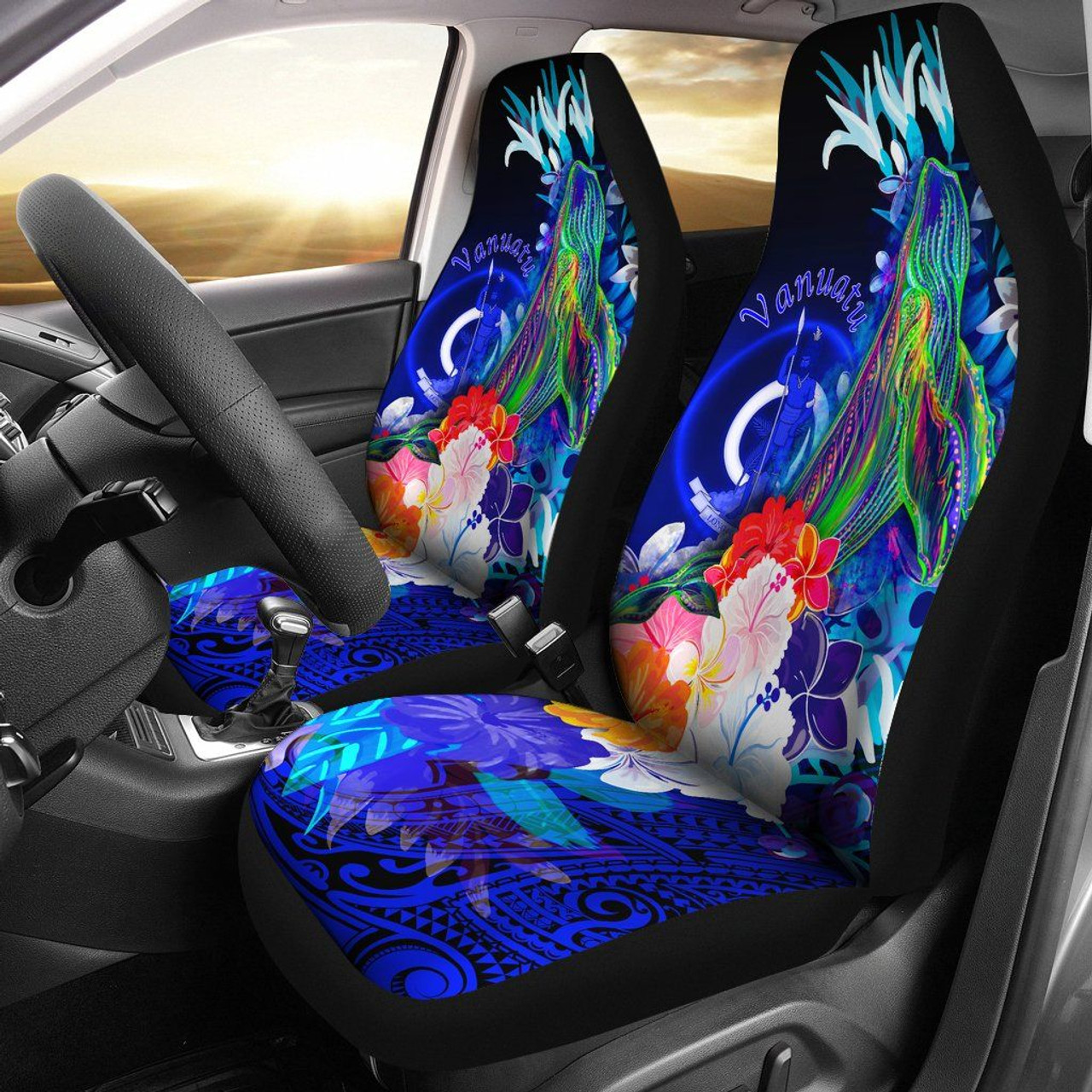 Vanuatu Car Seat Covers - Humpback Whale with Tropical Flowers (Blue)