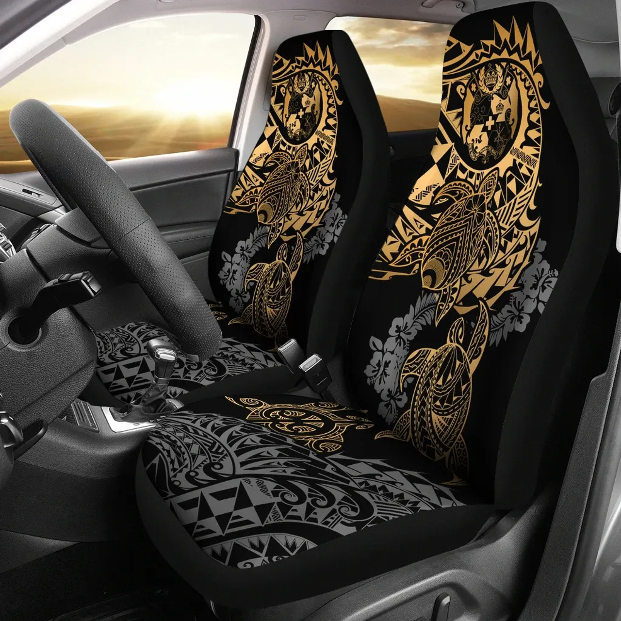 Tonga Polynesian Car Seat Covers - Gold Turtle Flowing