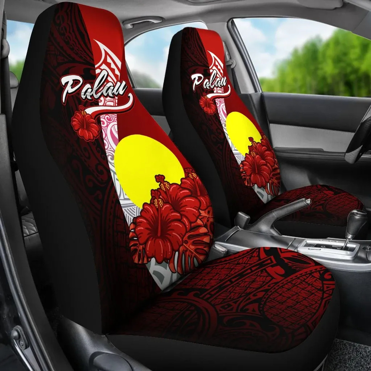 Palau Polynesian Car Seat Covers - Coat Of Arm With Hibiscus