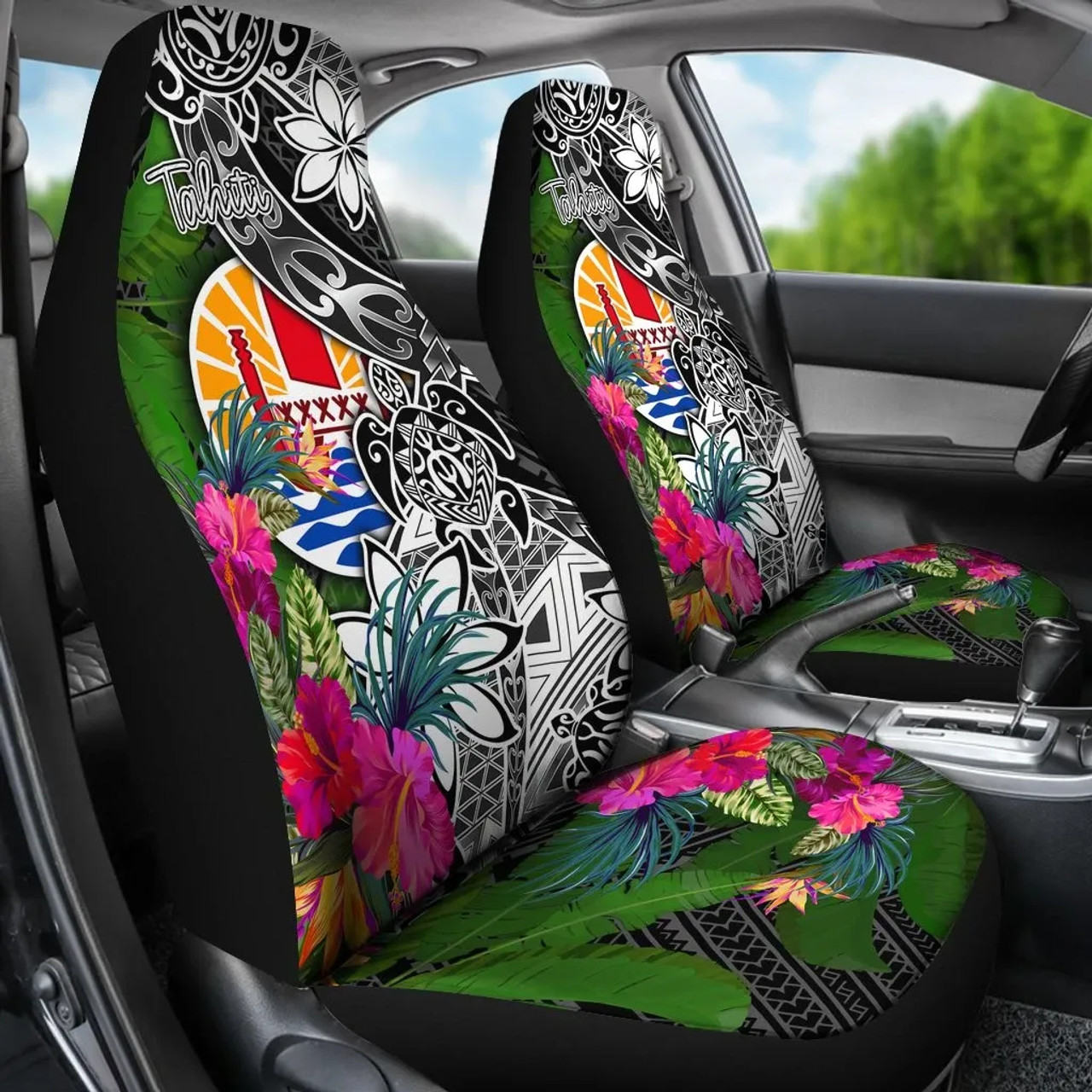 Tahiti Car Seat Covers - Turtle Plumeria Banana Leaf