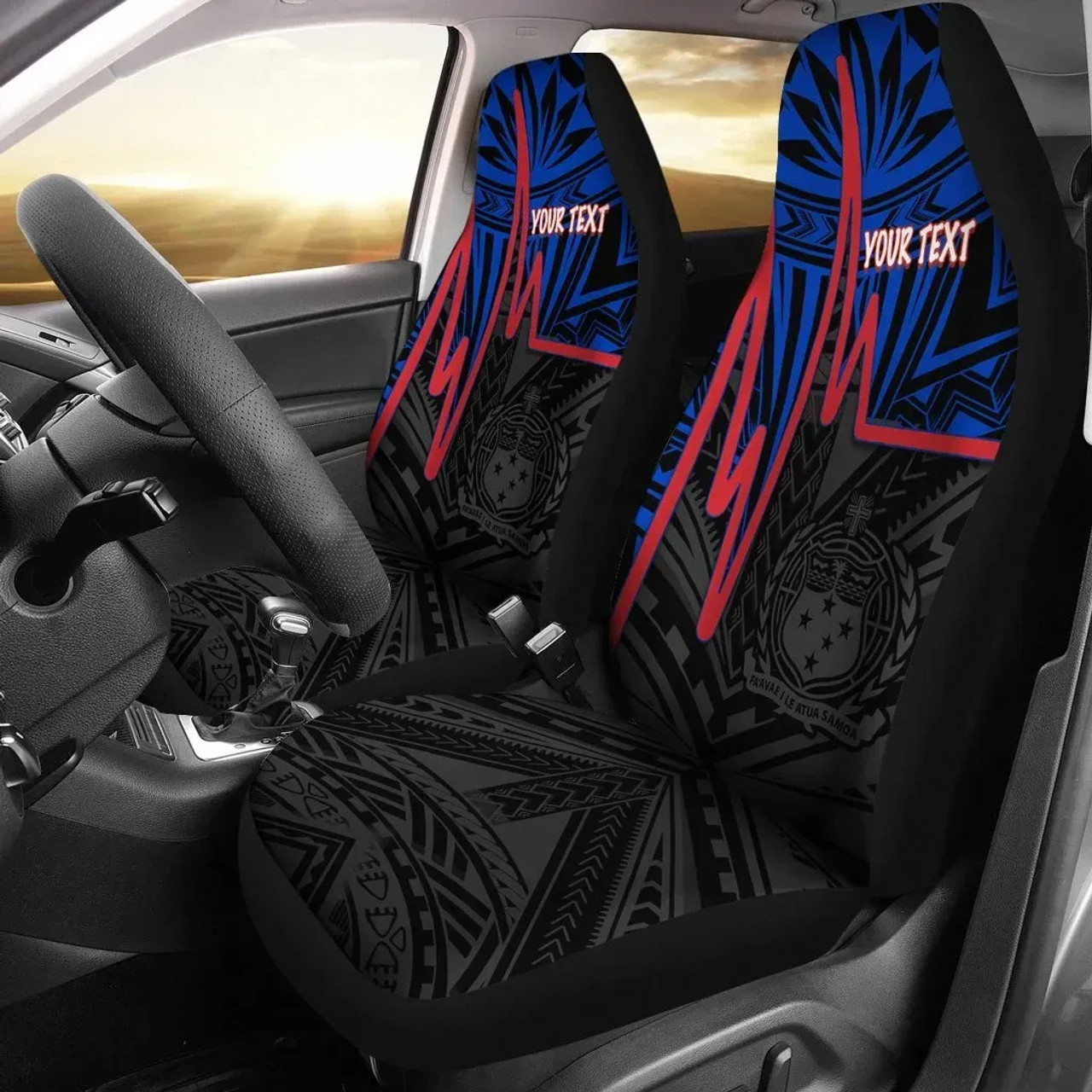Samoa Personalised Car Seat Covers - Samoa Seal With Polynesian Patterns In Heartbeat Style (Blue)