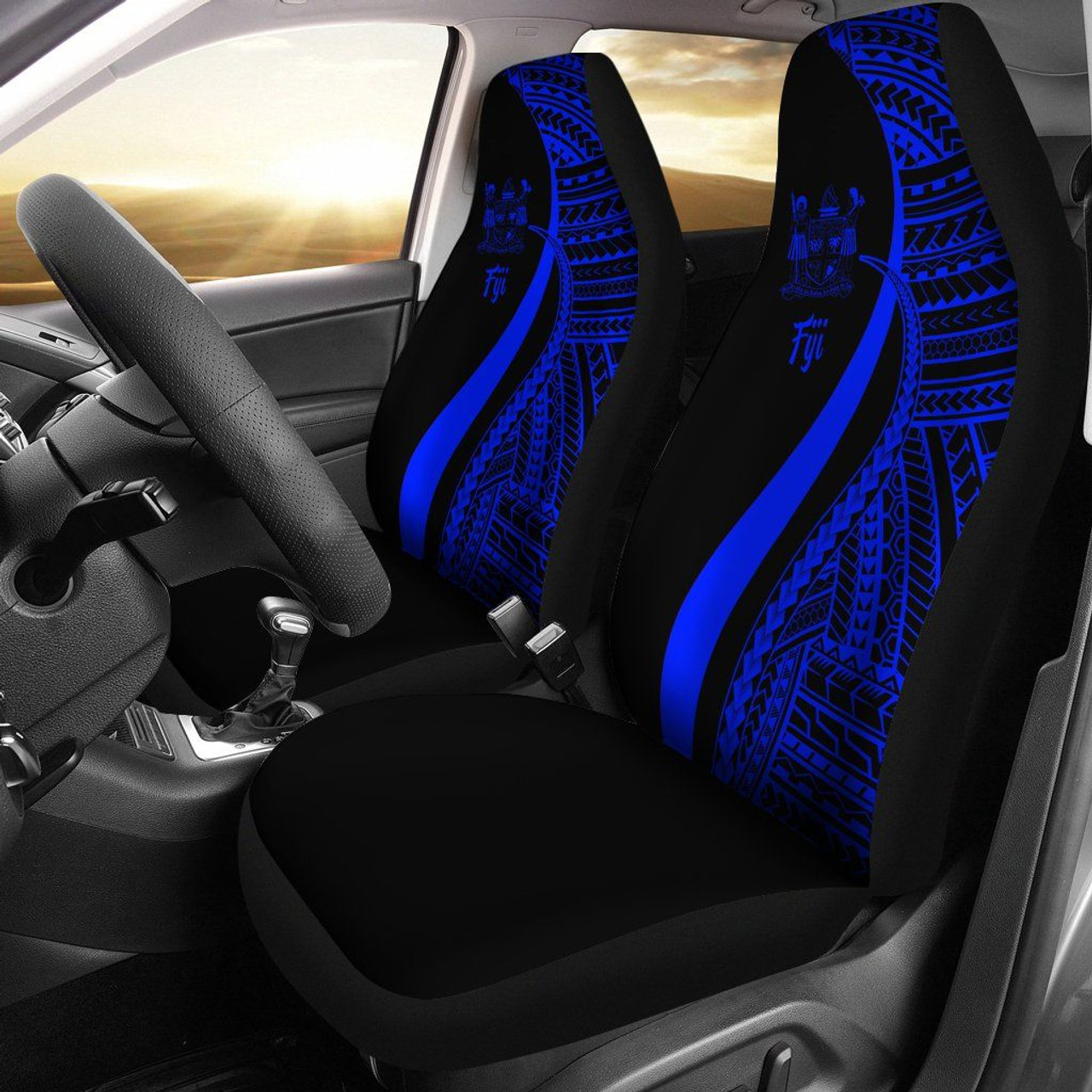 Fiji Car Seat Covers - Blue Polynesian Tentacle Tribal Pattern Crest