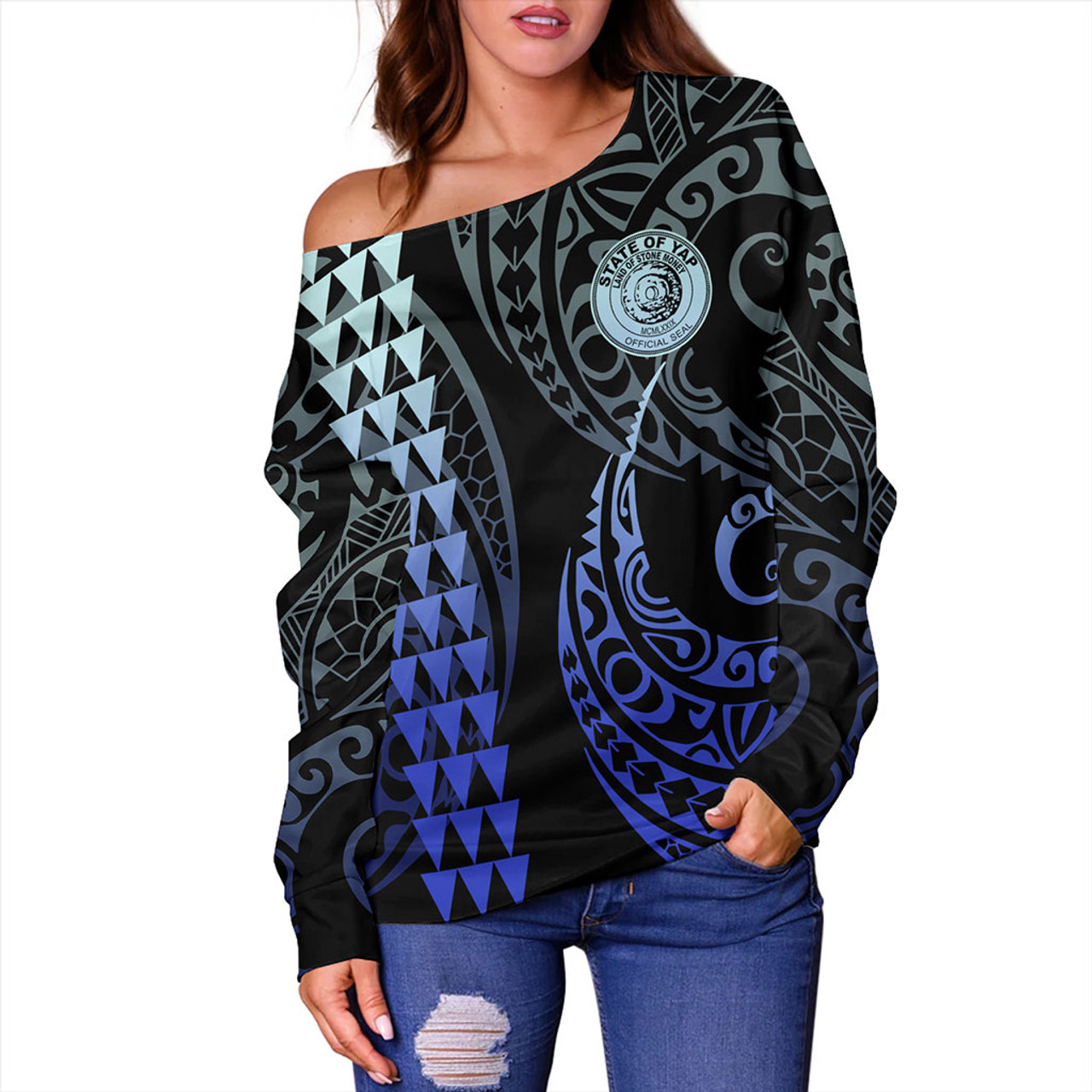 Yap State Off Shoulder Sweatshirt Kakau Style