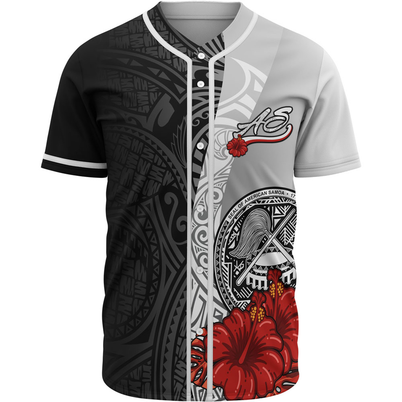 American Samoa Polynesian Baseball Shirt - Coat Of Arm With Hibiscus White