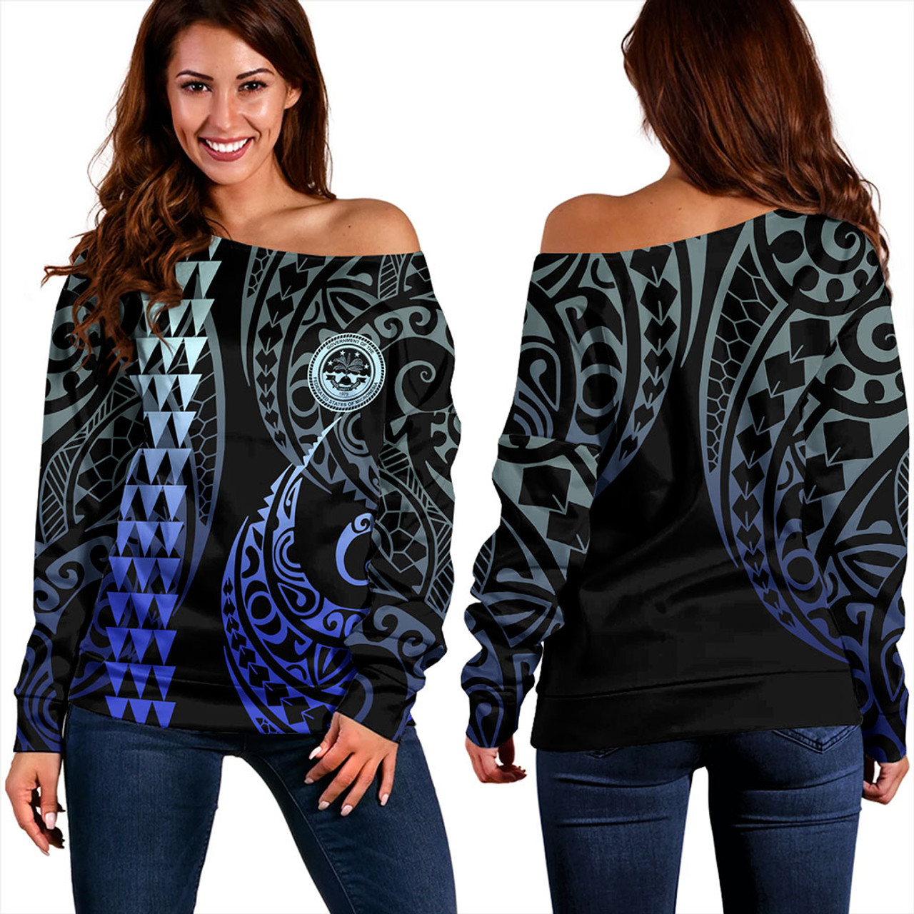 Federated States Of Micronesia Off Shoulder Sweatshirt Kakau Style Gradient Blue