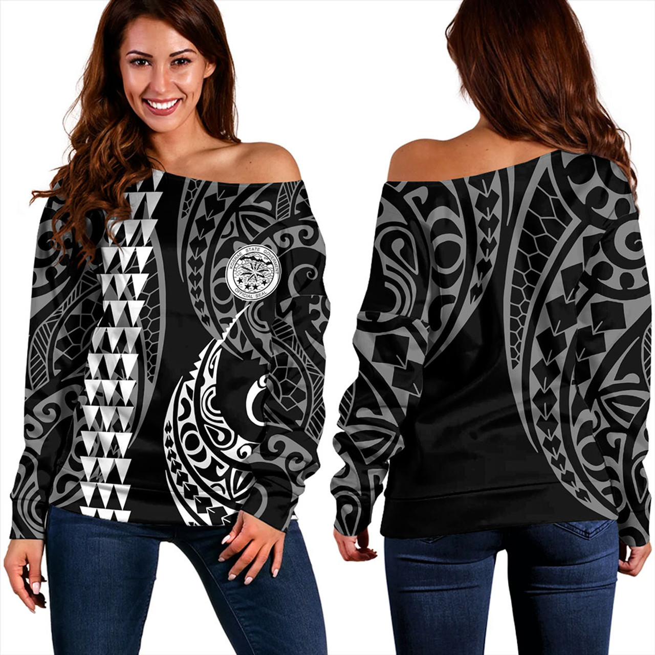 Kosrae Off Shoulder Sweatshirt Kakau Style Ver.1 White