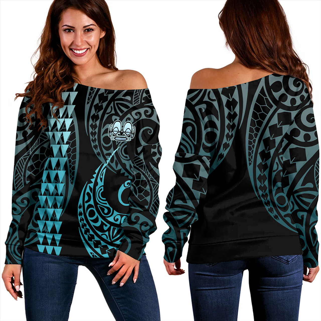 Marquesas Islands Off Shoulder Sweatshirt Kakau Style Ver.1 Turquoise