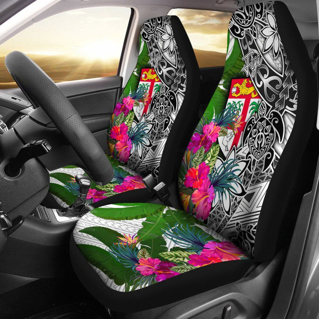 Fiji Car Seat Covers White - Turtle Plumeria Banana Leaf