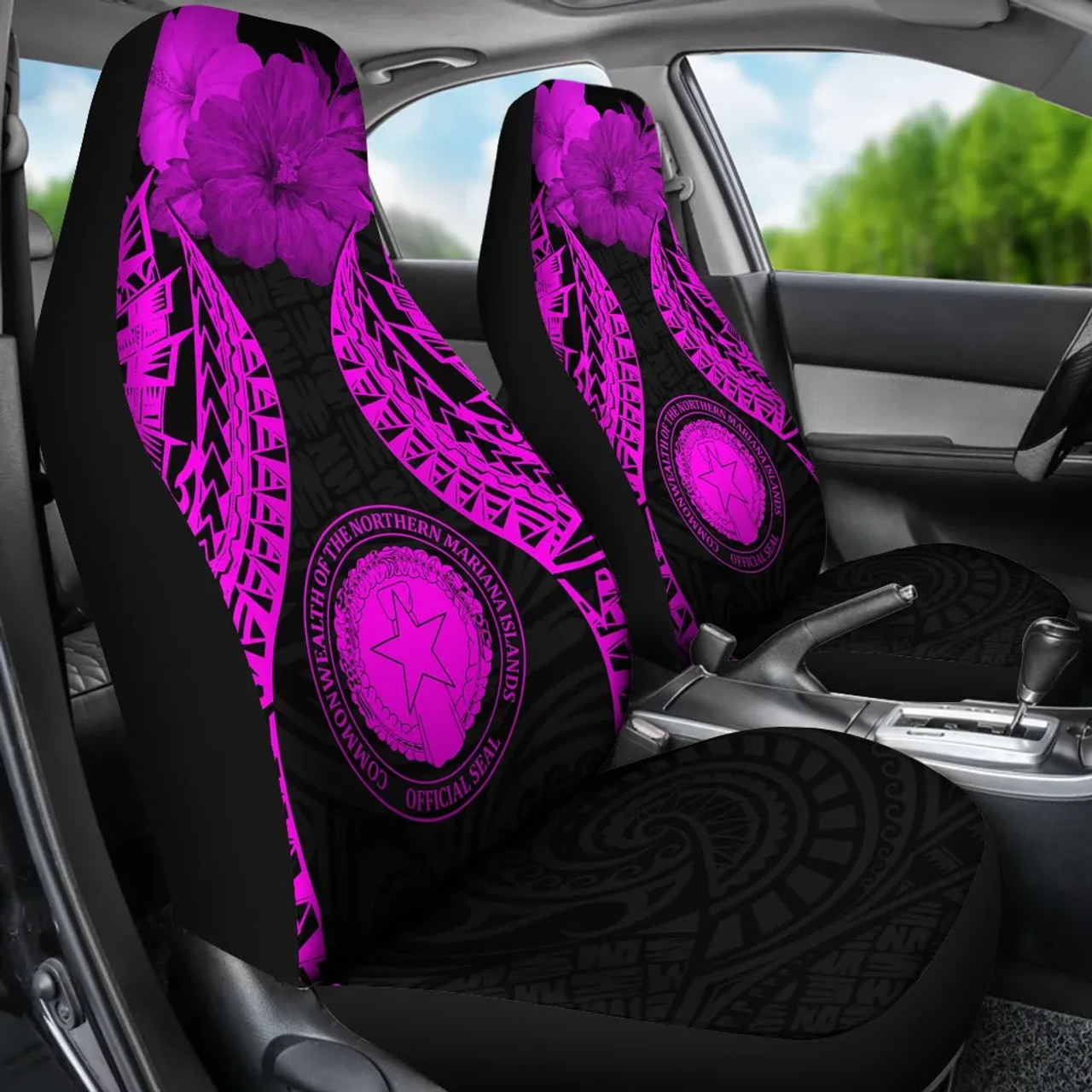 Northern Mariana Islands Polynesian Car Seat Covers Pride Seal And Hibiscus Pink