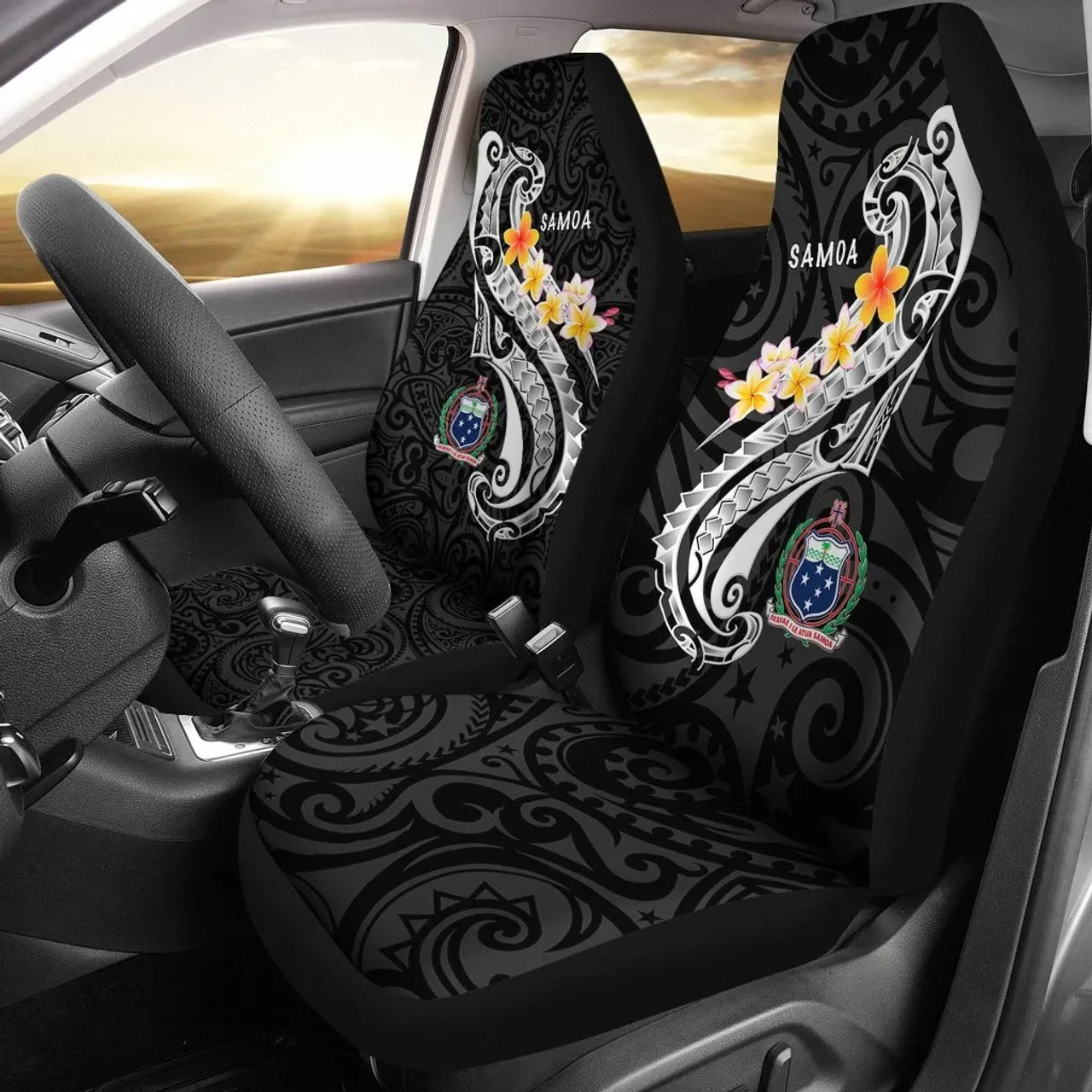 Samoa Car Seat Covers- Samoa Seal  Polynesian Patterns Plumeria (Black)