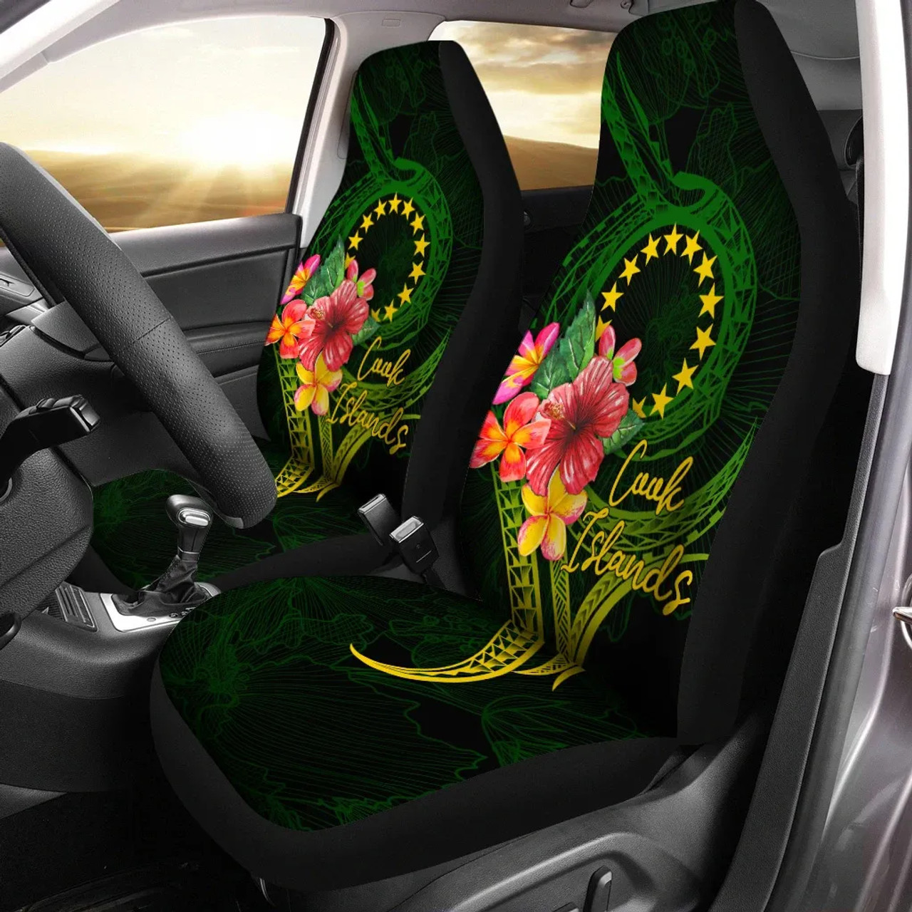 Cook Islands Polynesian Car Seat Covers - Floral With Seal Flag Color