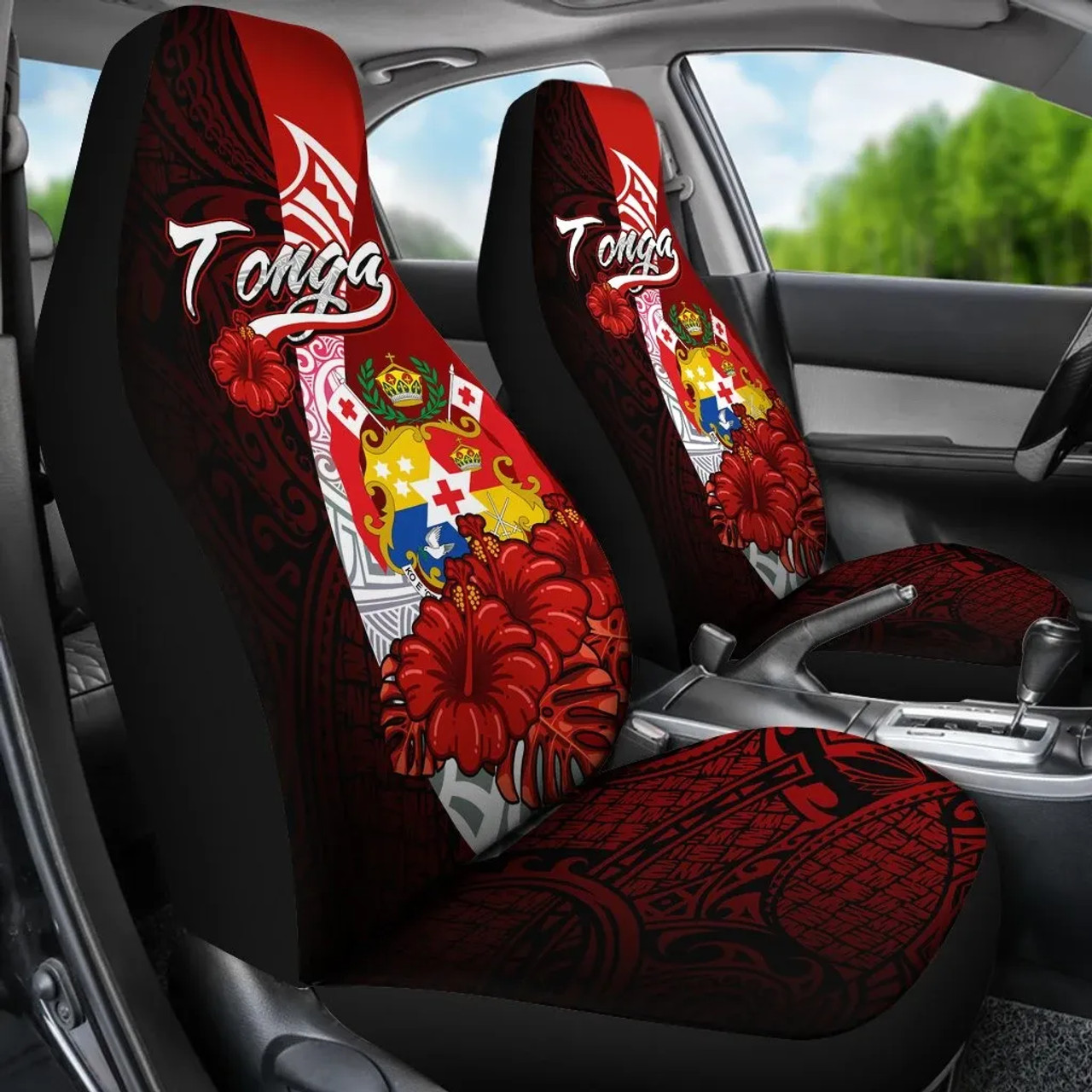 Tonga Polynesian Car Seat Covers - Coat Of Arm With Hibiscus
