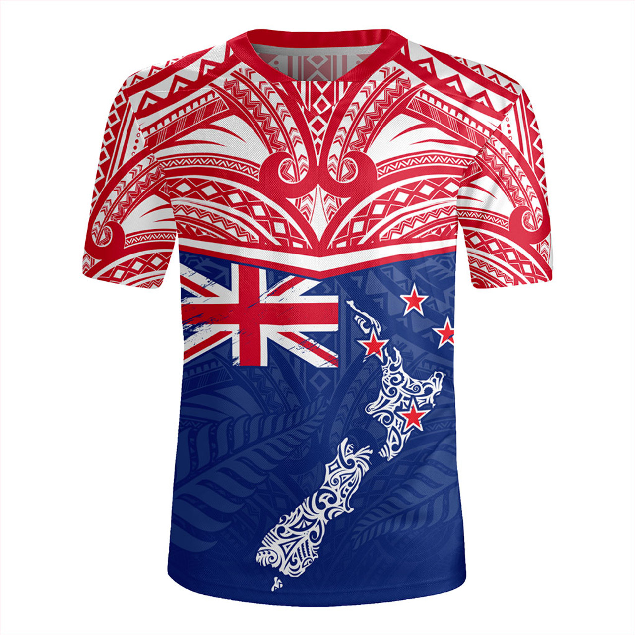 New Zealand Rugby Jersey Flag With Map And Maori Pattern