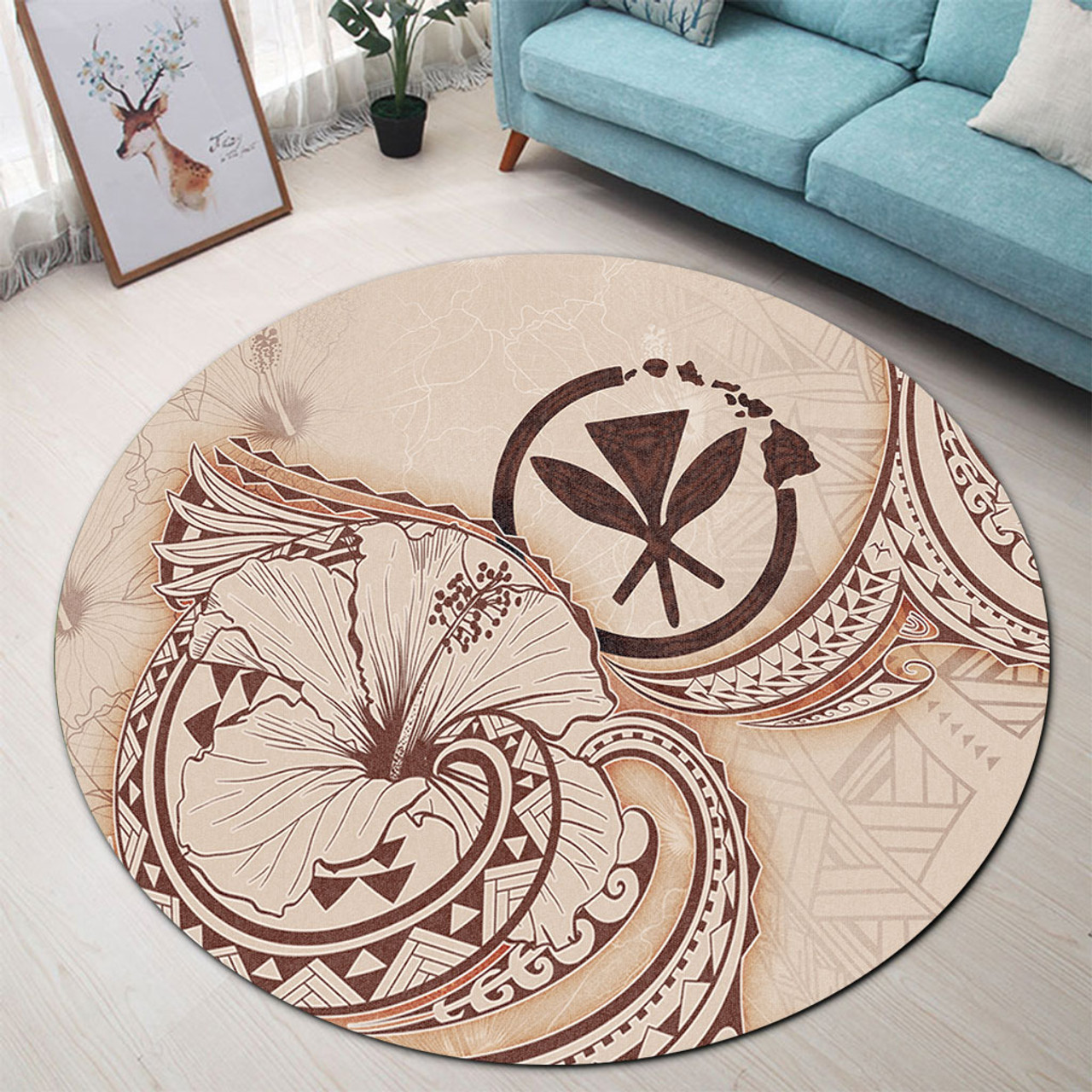 Hawaii Round Rug Hibiscus Flower Vintage Style2