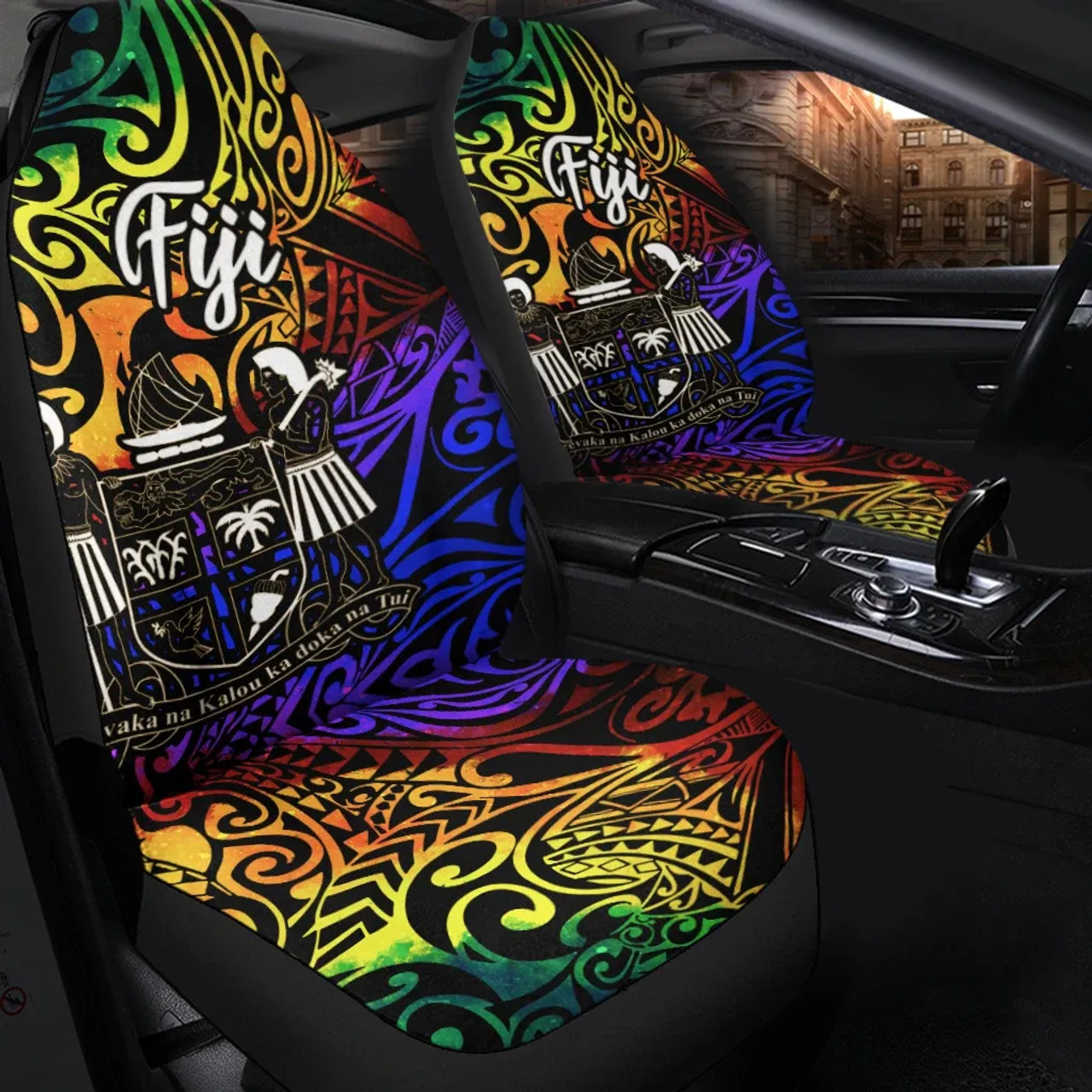 Fiji Car Seat Covers - Rainbow Polynesian Pattern Crest