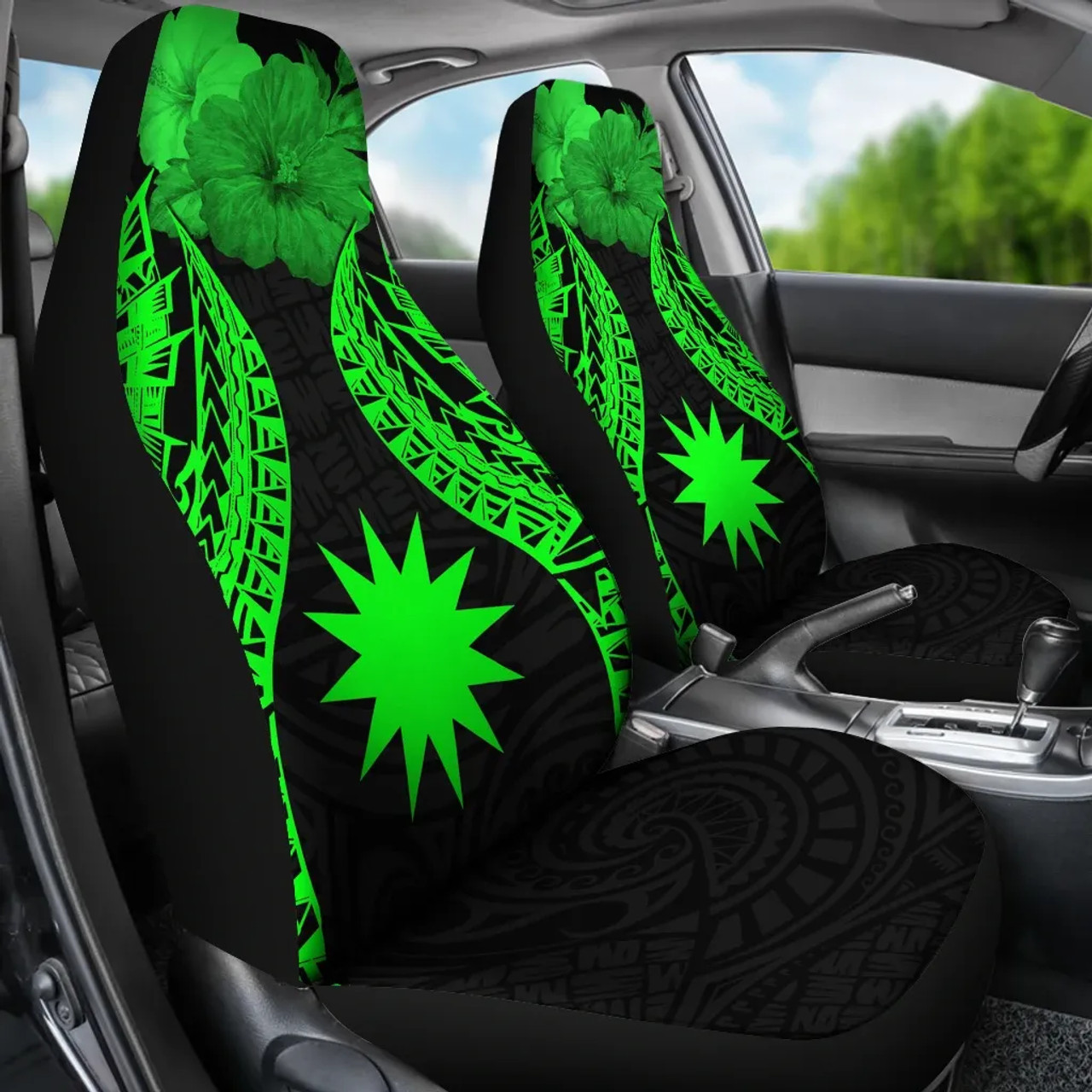 Nauru Polynesian Car Seat Covers Pride Seal And Hibiscus Green