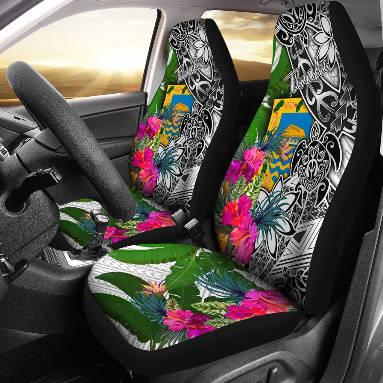 Tuvalu Car Seat Covers White - Turtle Plumeria Banana Leaf
