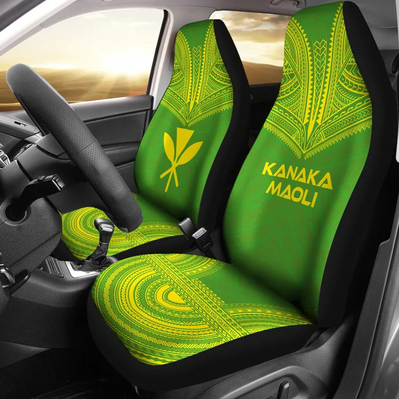 Hawaii Car Seat Cover - Kanaka Maoli Polynesian Chief Tattoo Green Version