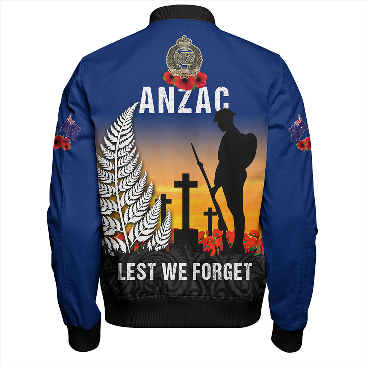 New Zealand Bomber Jacket Anzac Army And Maori Silver Fern Poppy Sunset Style