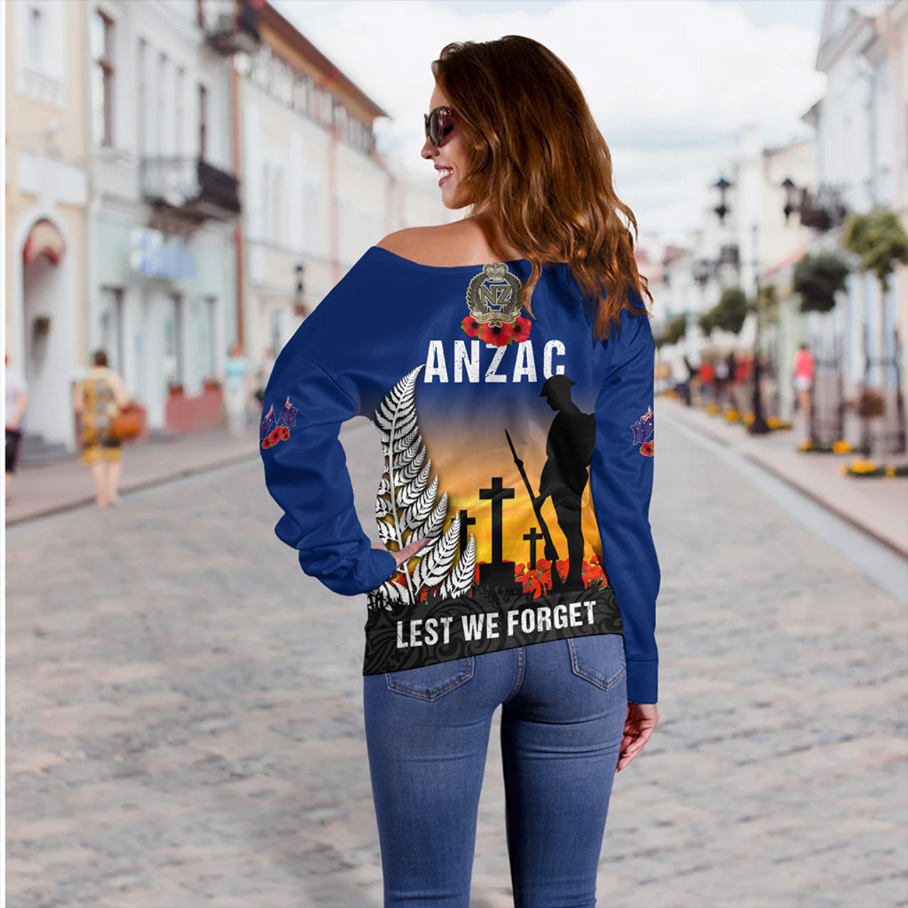 New Zealand Off Shoulder Sweatshirt Anzac Army And Maori Silver Fern Poppy Sunset Style