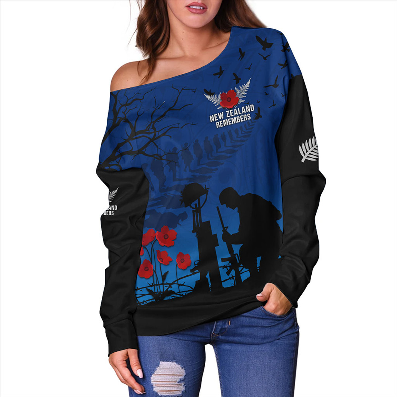New Zealand Off Shoulder Sweatshirt Silver Fern Lest We Forget Remember