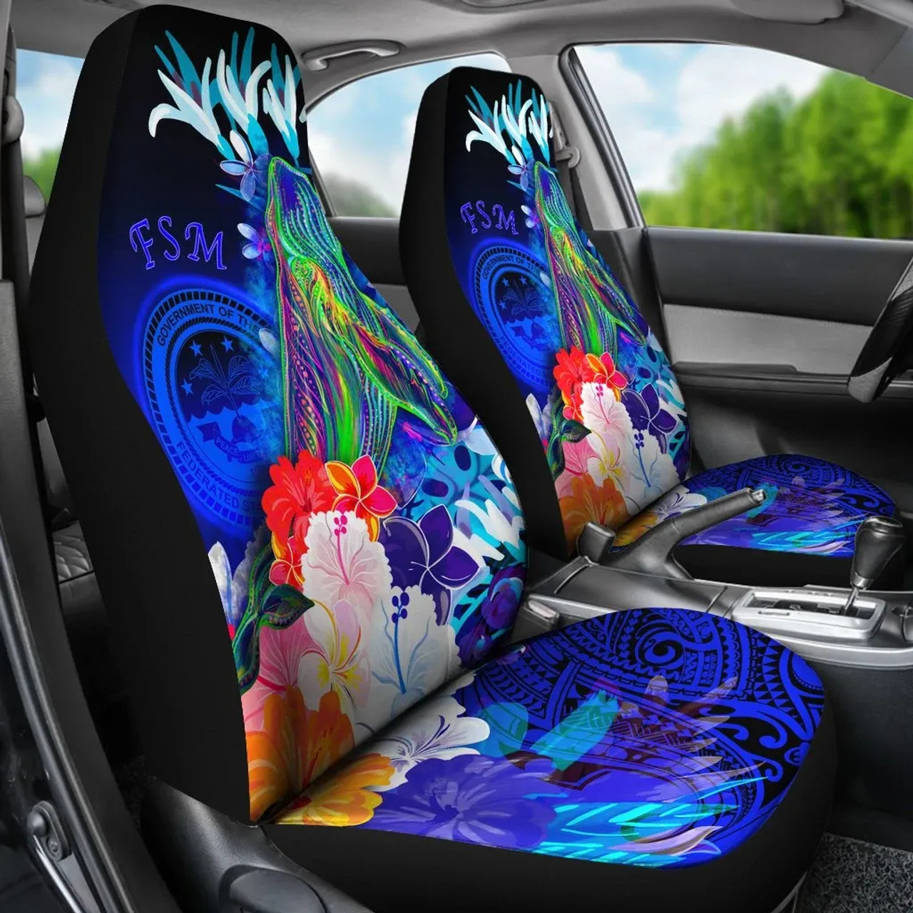 Federated States of Micronesia Car Seat Cover - Humpback Whale with Tropical Flowers (Blue)