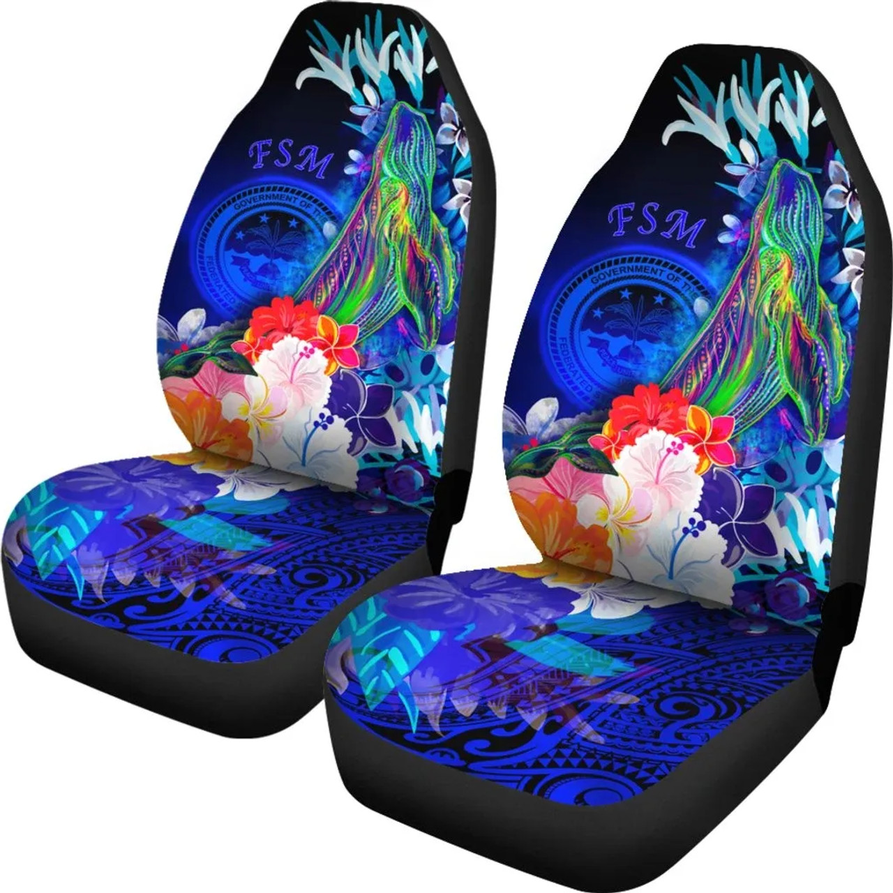 Federated States of Micronesia Car Seat Cover - Humpback Whale with Tropical Flowers (Blue)