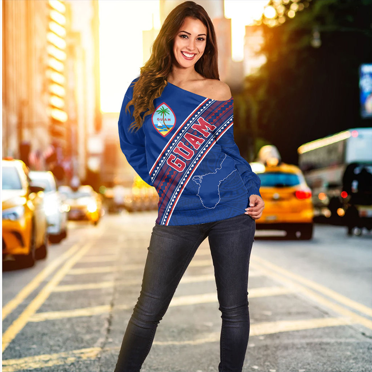 Guam Off Shoulder Sweatshirt Flag And Coat Of Arms