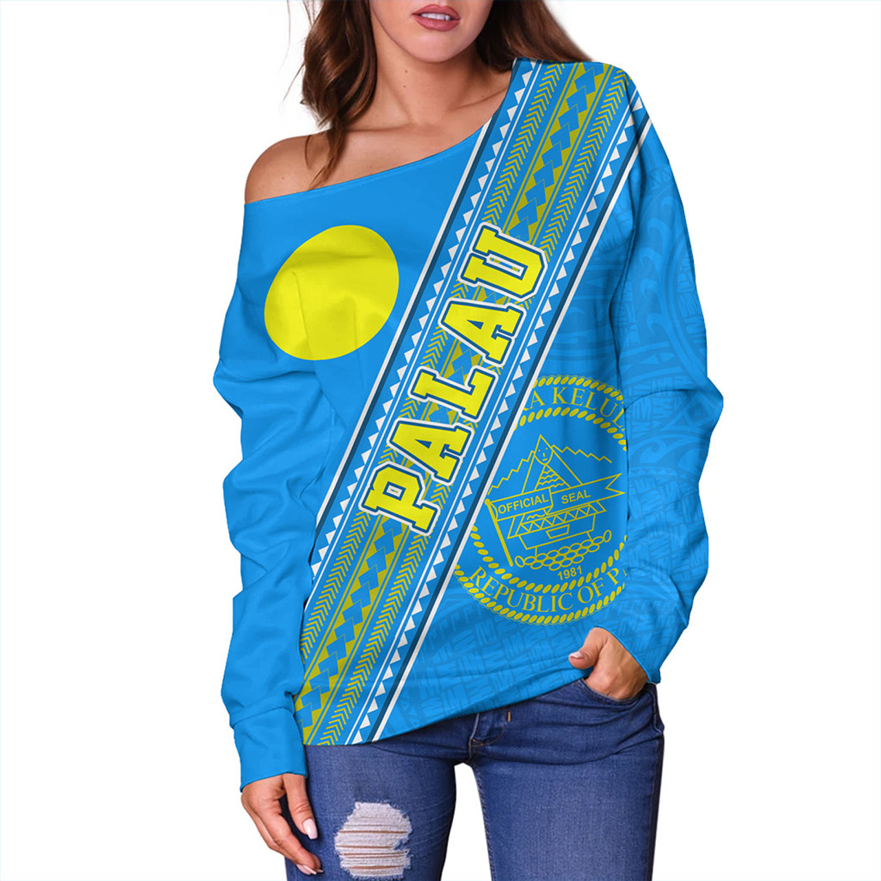Palau Off Shoulder Sweatshirt Flag And Coat Of Arms