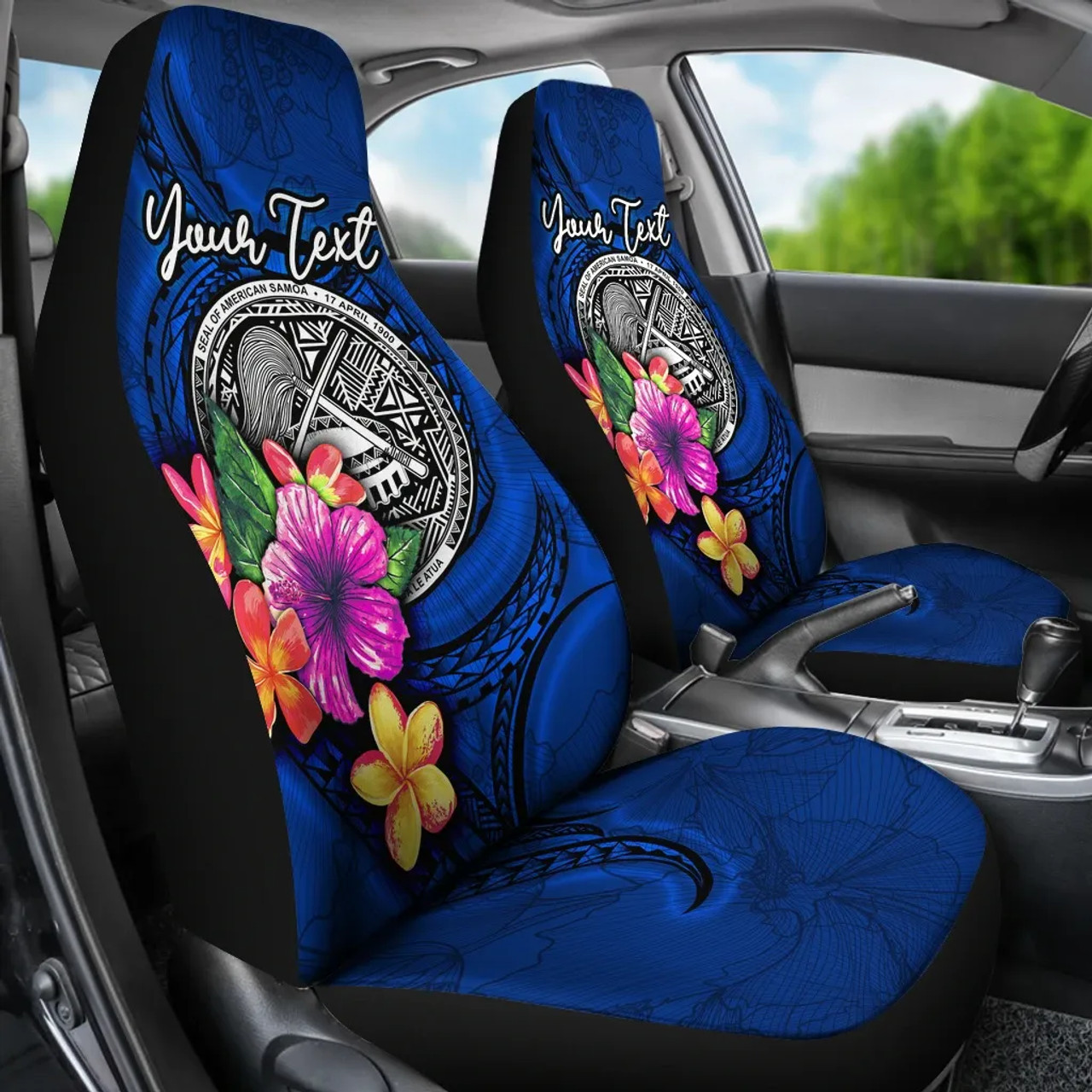 American Samoa Polynesian Custom Personalised Car Seat Covers - Floral With Seal Blue